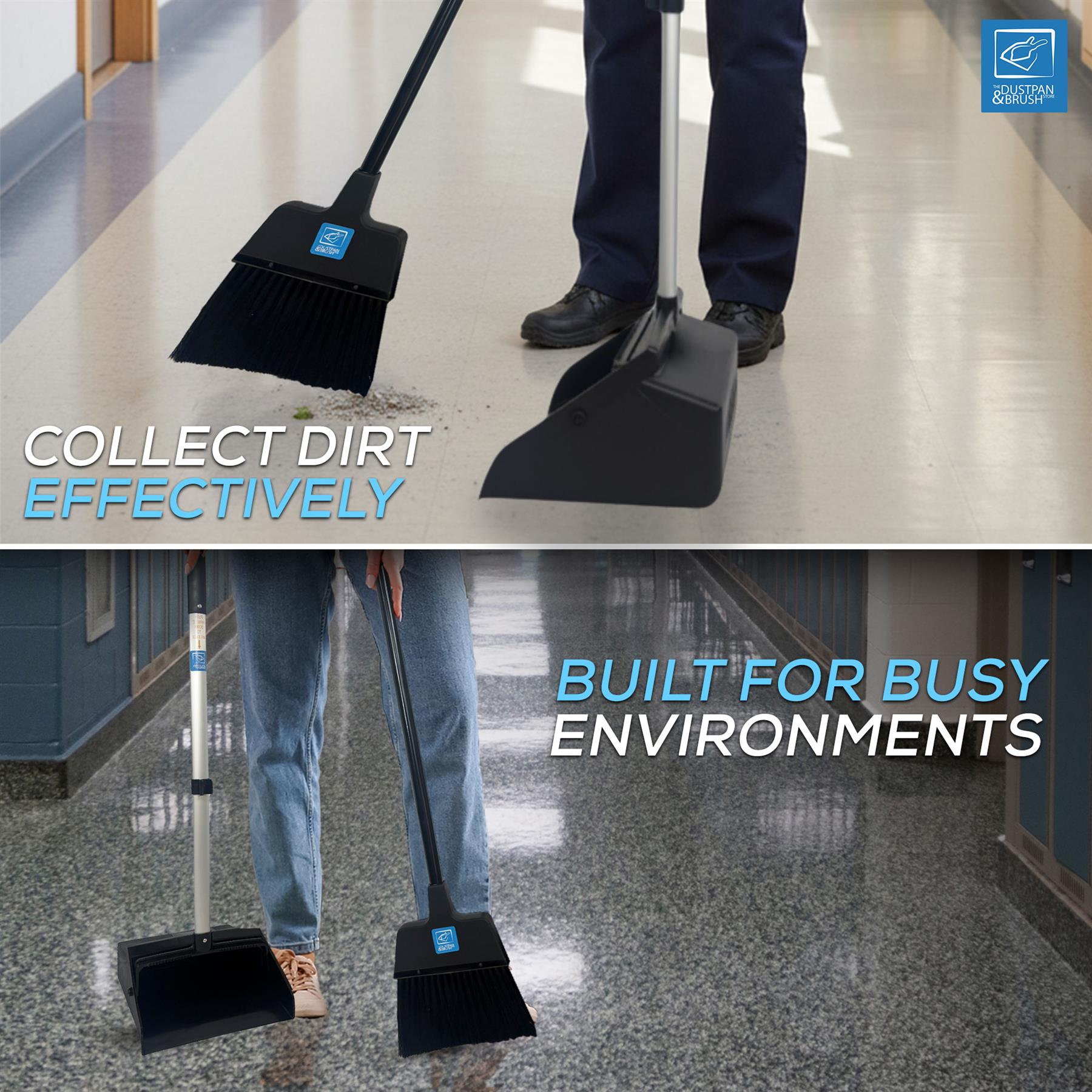 Environmental image of Heavy Duty Long Handled Dustpan and Brush Set collecting dirt in hallway