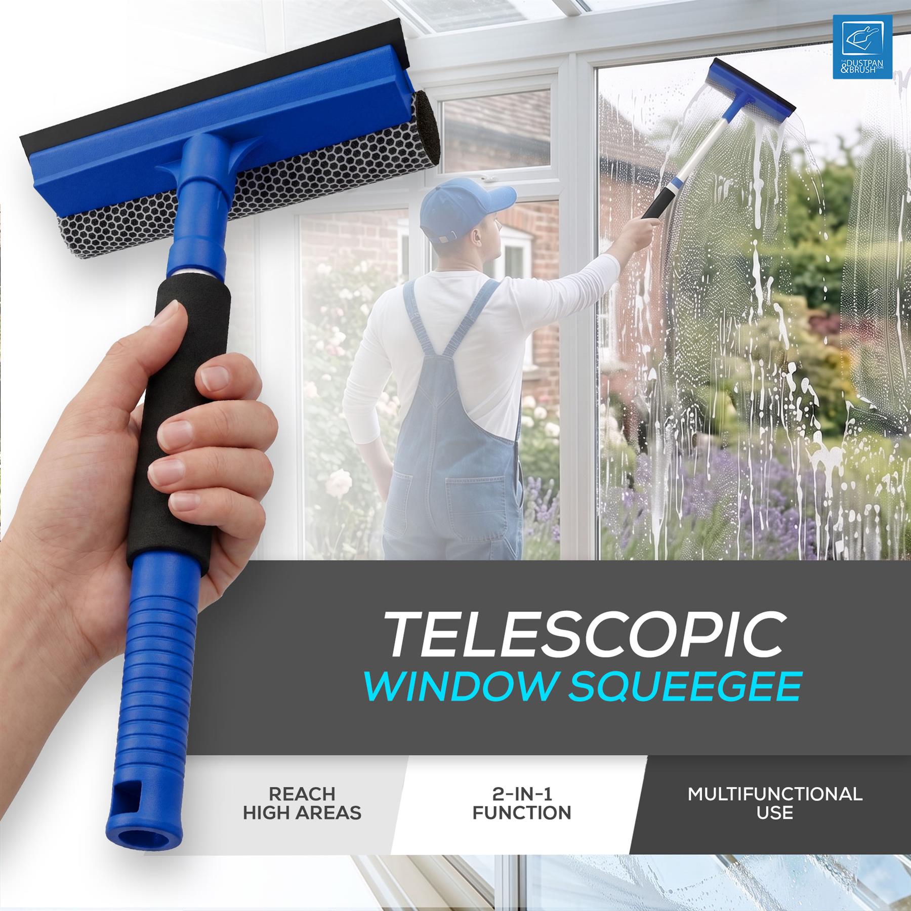 Telescopic window squeegee with a person cleaning a window in the background