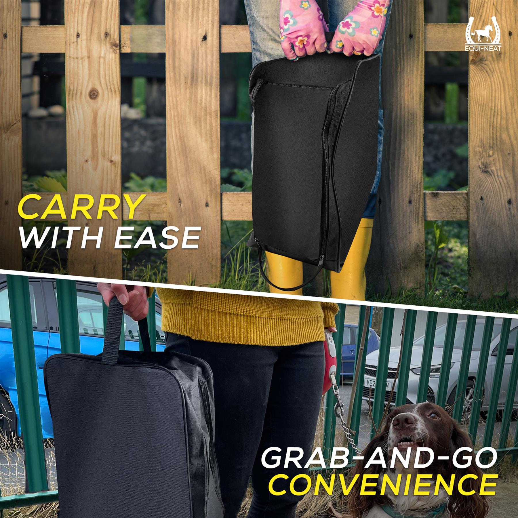 Large Boot Bag for Wellies & Walking Boots promotional images, a woman is carrying her welly bag with ease, and the second image shows her carrying the bag with one hand with the text 'Grab-and-go convenience'