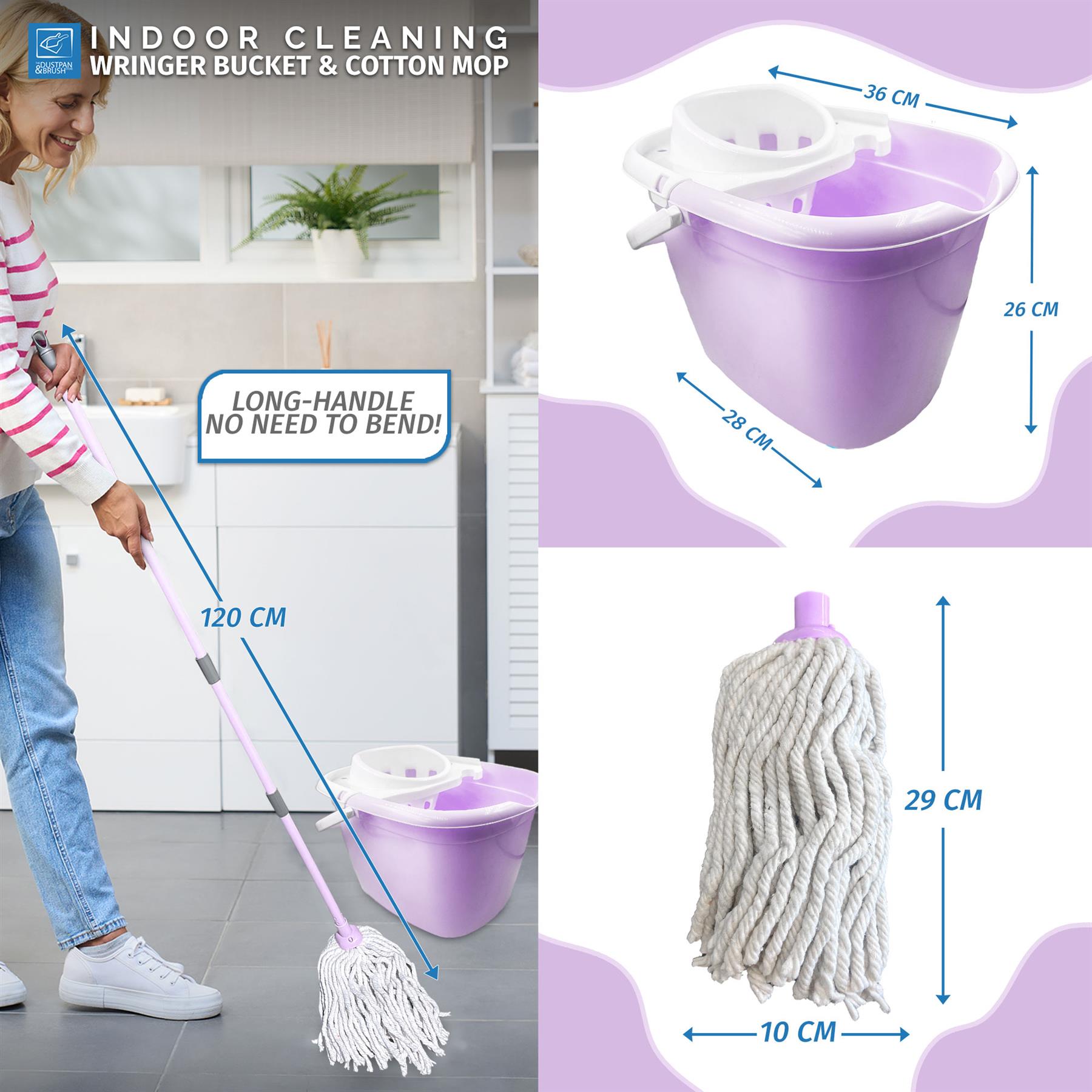 A cleaning product collage showing a lilac wringer bucket with a white strainer and a white cotton mop. One panel shows a woman mopping in a bright room, with text indicating the long handle is 120 cm.
