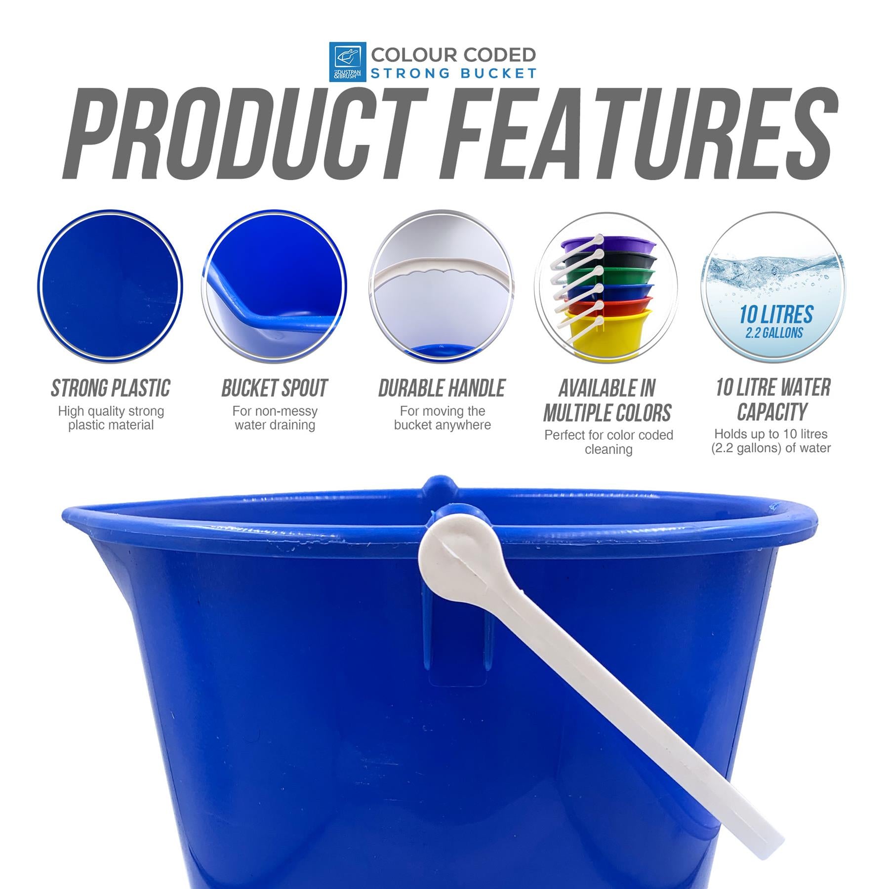 10L Blue bucket with features listed on a white background