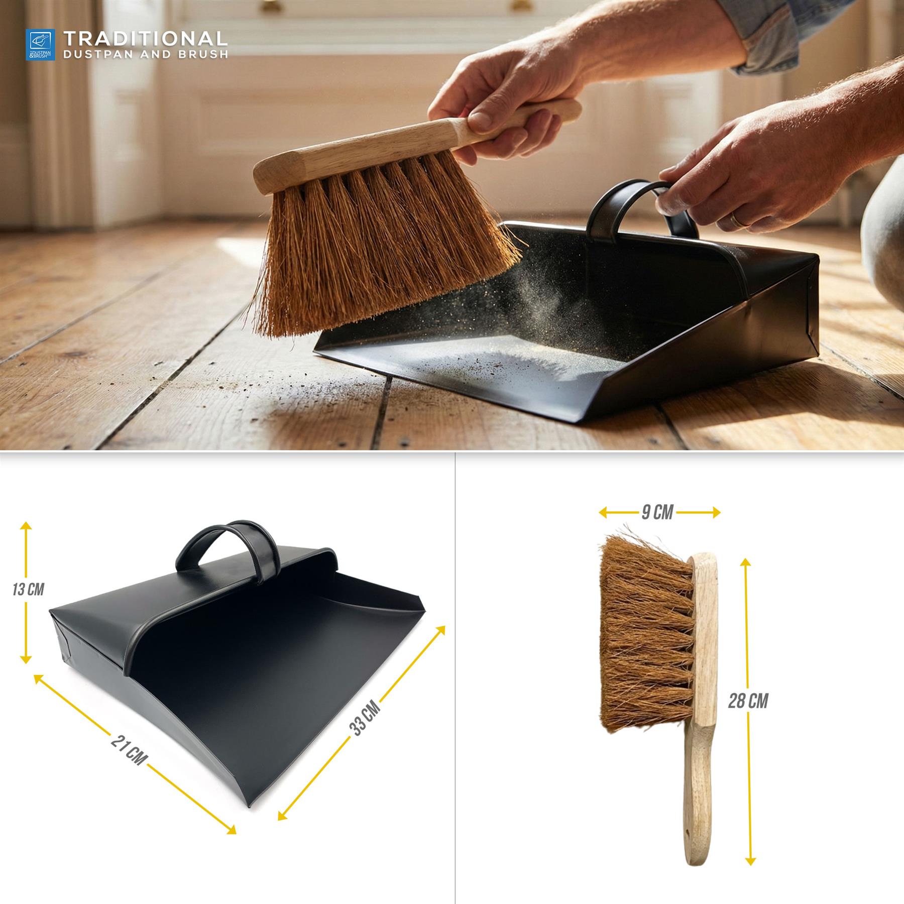 Dustpan and brush set with measurements on a white background