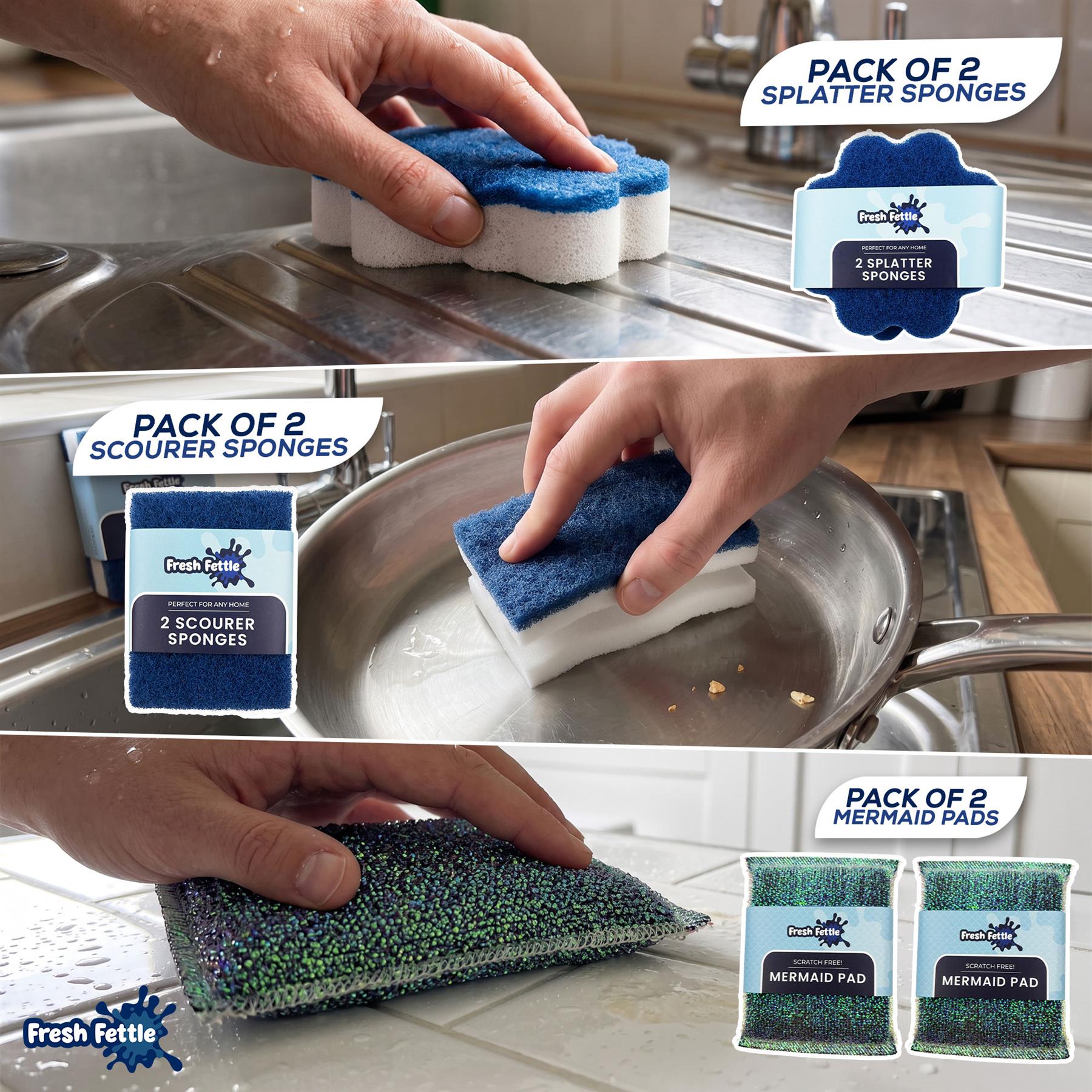 Three-panel collage showing a person using Fresh Fettle cleaning sponges in a kitchen sink. The top panel shows blue-and-white splatter sponges, the middle shows blue-and-white scourer sponges, and the bottom shows green-and-blue mermaid pads, each with a small product package inset and the text 'Pack of 2'.