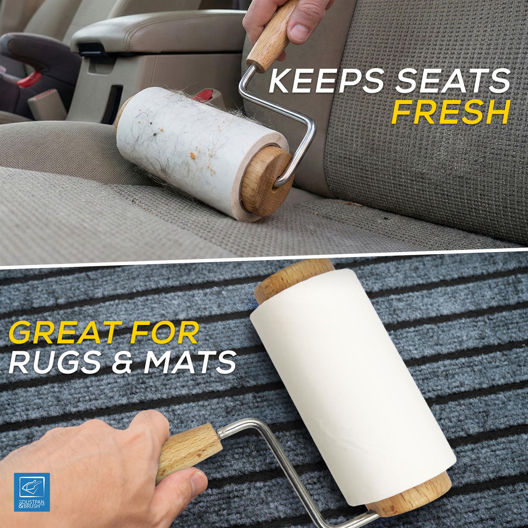 A two-panel demonstration of a lint roller being used on a car seat and a rug. The top panel shows a hand using the roller on a gray car seat with text reading 'KEEPS SEATS FRESH.