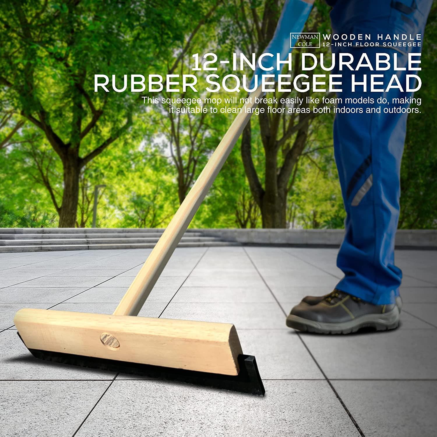 Environmental shot of the 12" Newman & Cole floor squeegee cleaning outdoor flooring, showing it's durability