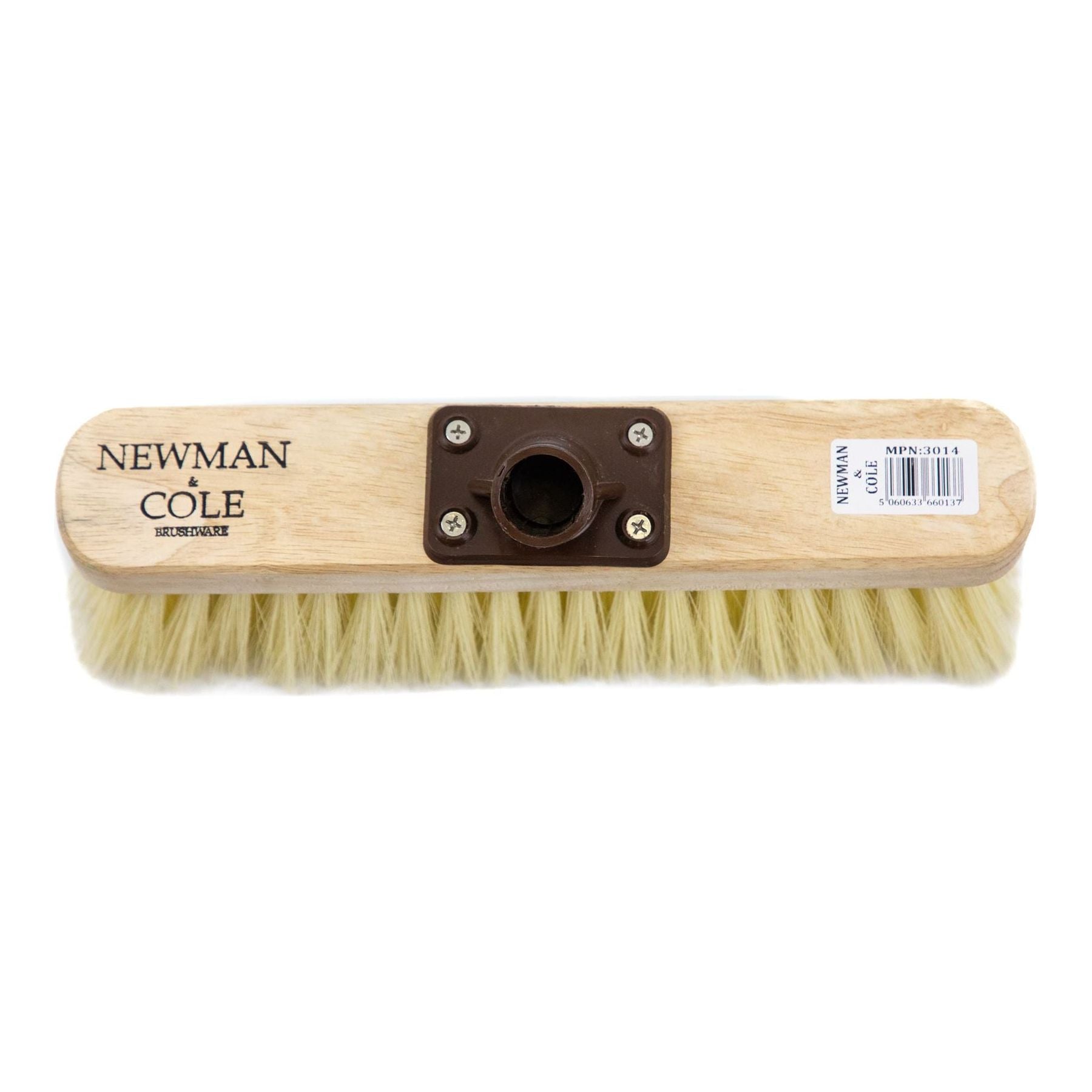 Birdseye view of 12" Newman & Cole Soft Synthetic Broom Head with Plastic Bracket on a white background