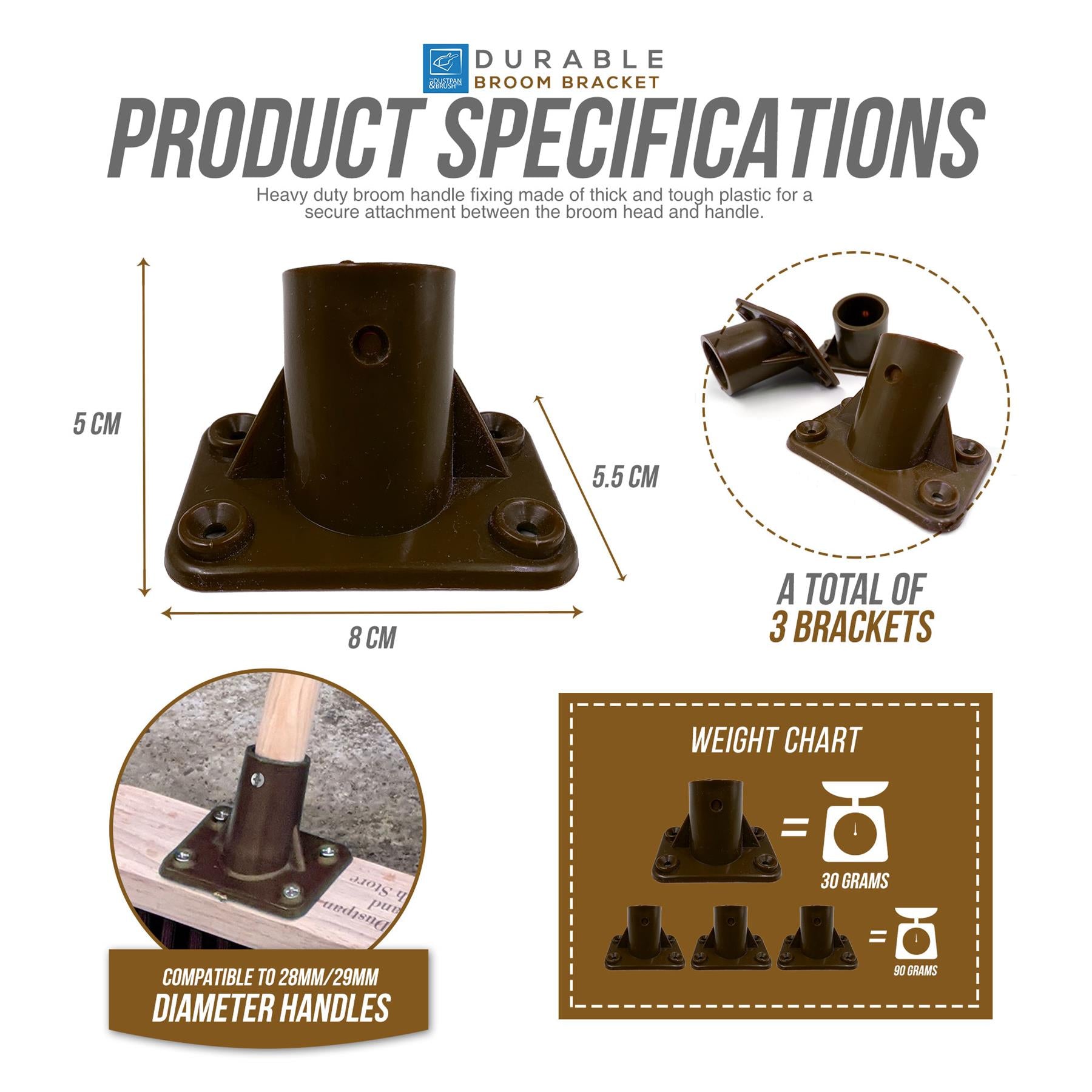 Product specifications graphic for a durable broom bracket, showing dimensions of one bracket (5 cm height, 8 cm base, 5.5 cm center height), a weight chart indicating 30 grams per bracket, compatibility with 20mm/25mm diameter handles, and a total of 3 brackets.