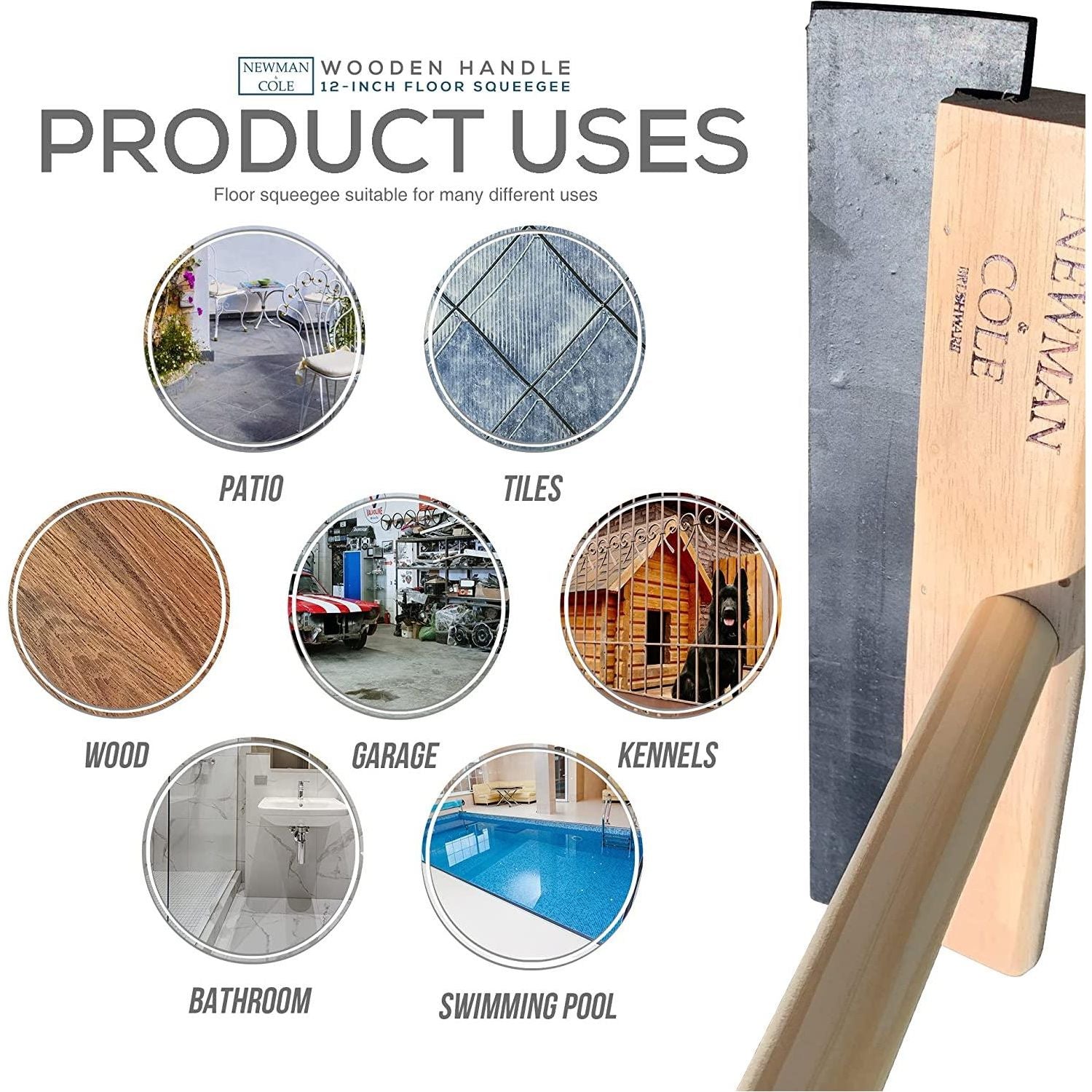 12" Newman & Cole floor squeegee product uses - Can be used on the patio, tiles, wood, garage, kennels, bathrooms and swimming pools.