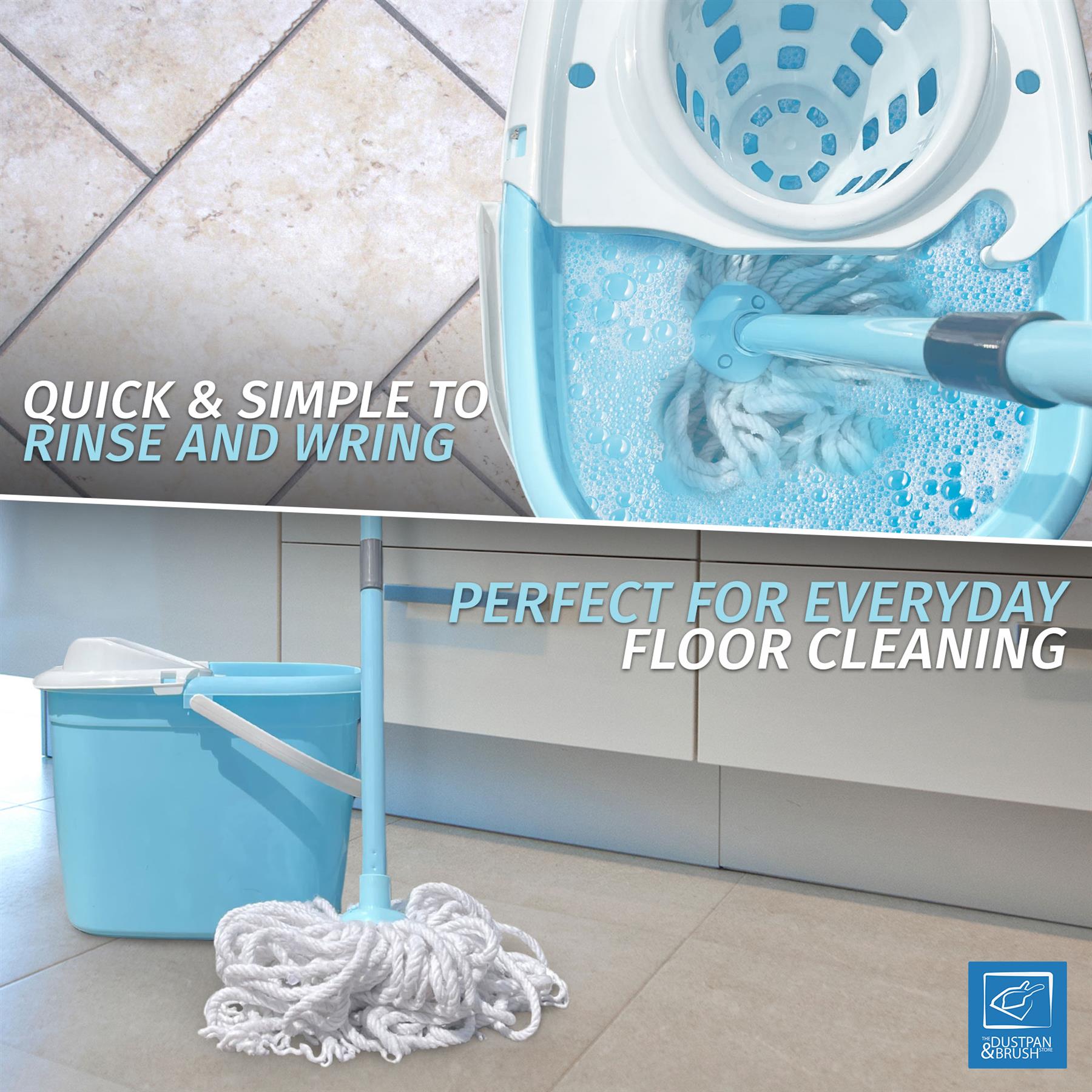 A light blue and white spin-and-wring floor mop bucket set shown in a kitchen-like floor cleaning scene, with a close-up of the wringing action and text reading 'QUICK & SIMPLE TO RINSE AND WRING' and 'PERFECT FOR EVERYDAY FLOOR CLEANING.'.