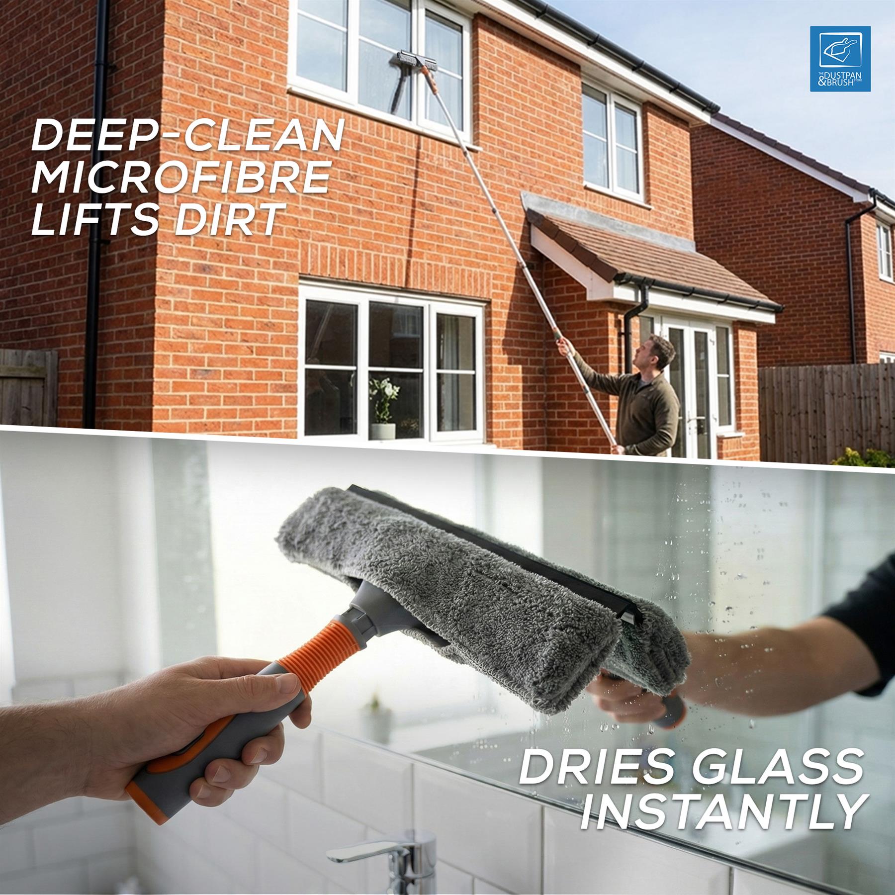 Microfibre cleaning tool being used on a window and glass surface with text highlighting its cleaning capabilities.