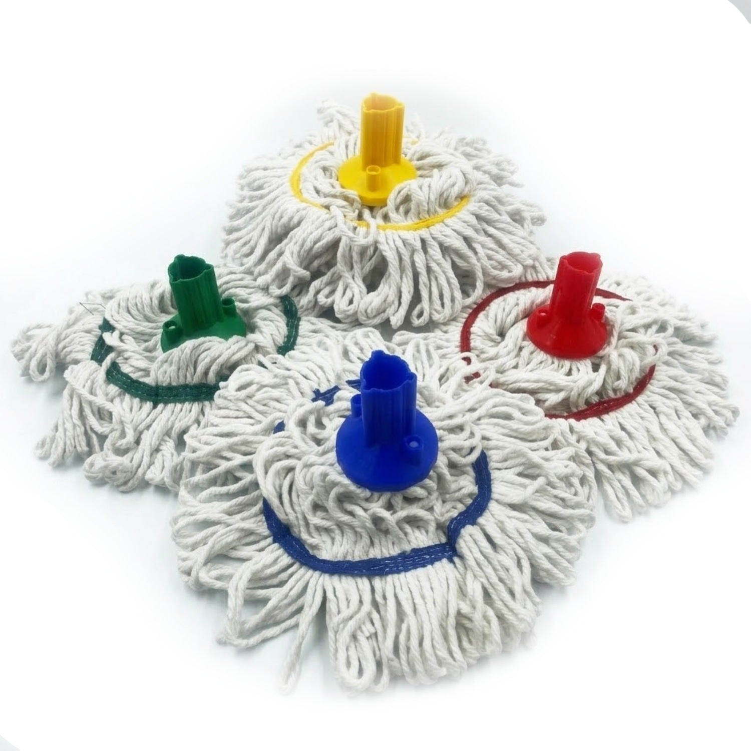 Four cotton floor mops with white string heads and colored plastic twist-offs in yellow, green, red, and blue, arranged on a white background.