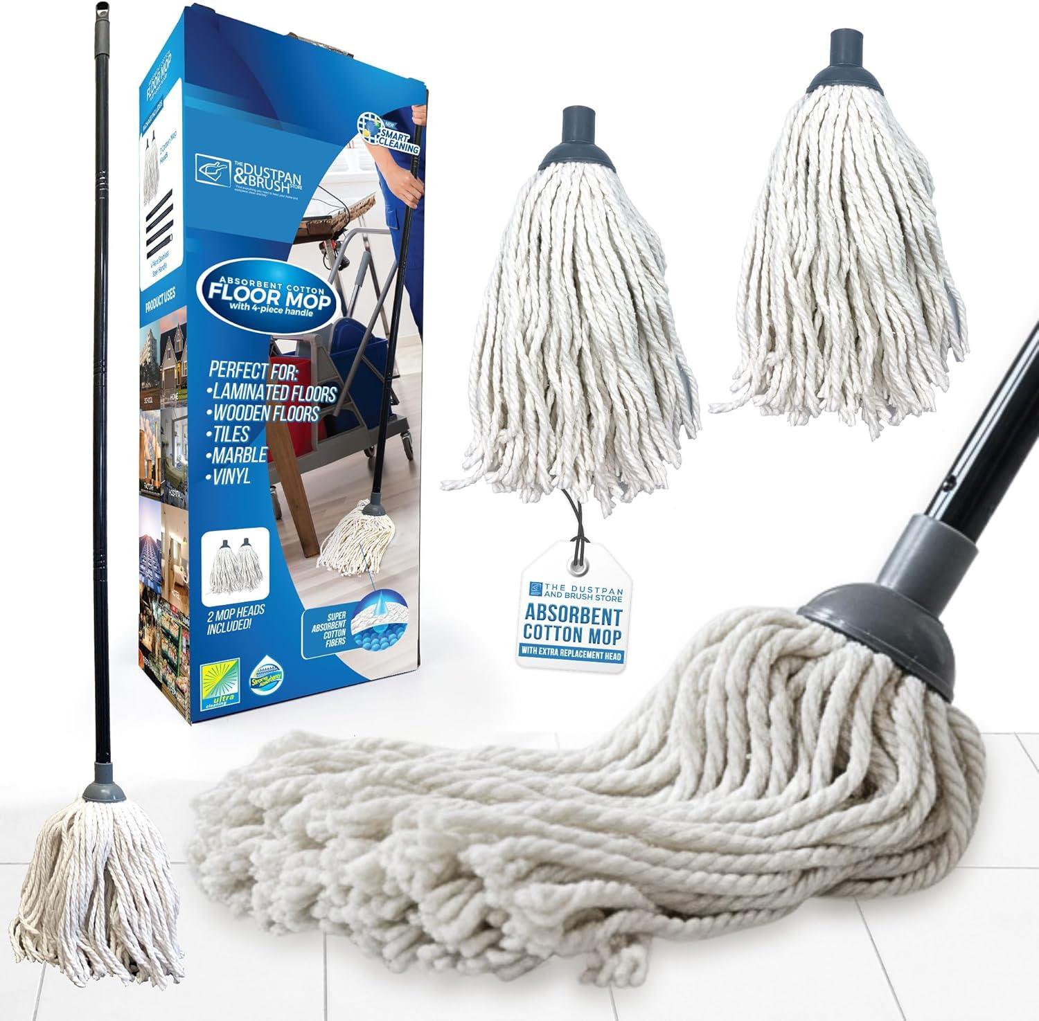 A traditional cotton floor mop set shown with the product, packaging box, two mop heads, and a hanging tag on a clean white background.