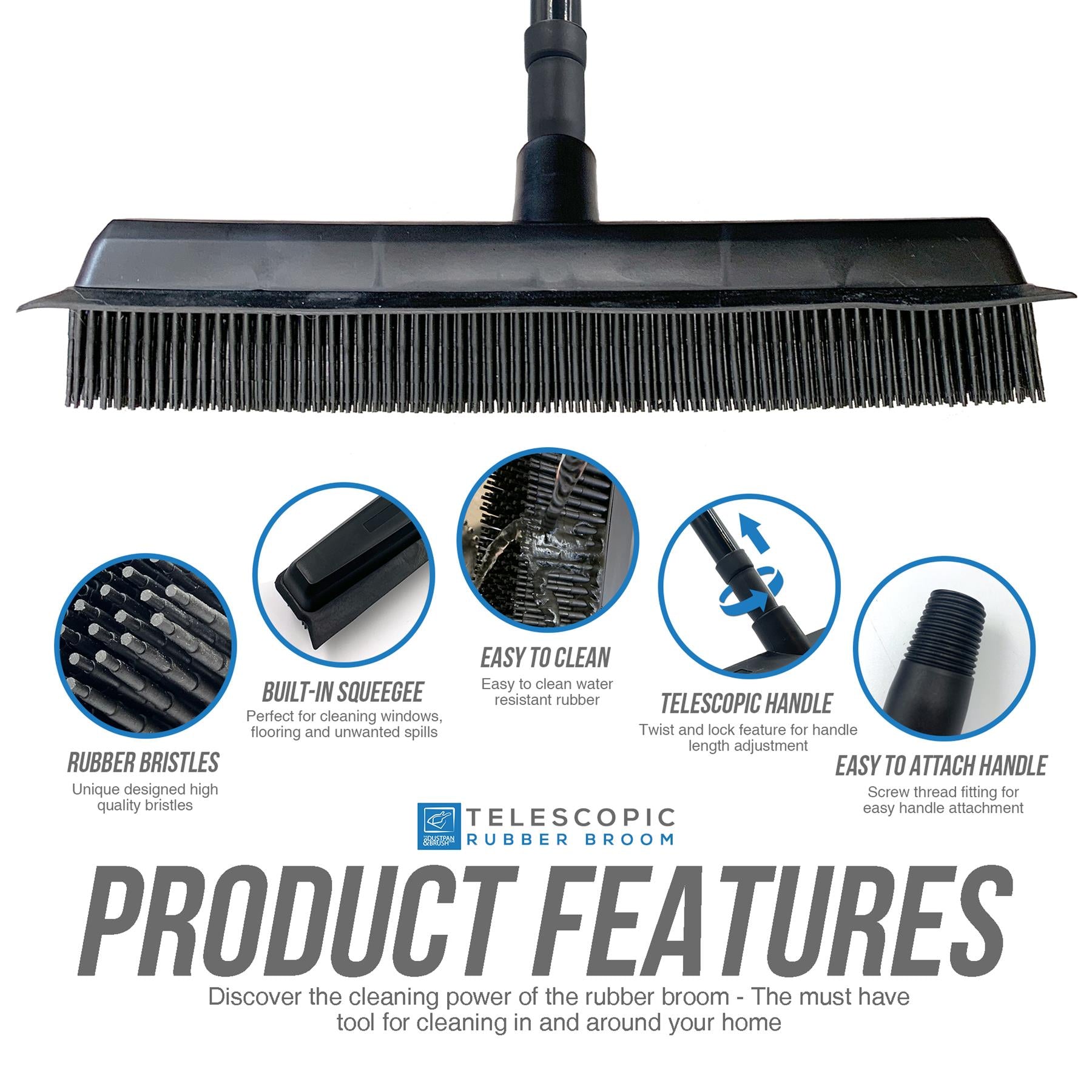 Rubber Broom Indoor Rubber Bristle Soft Sweeping Brush with Extending Handle - The Dustpan and Brush Store
