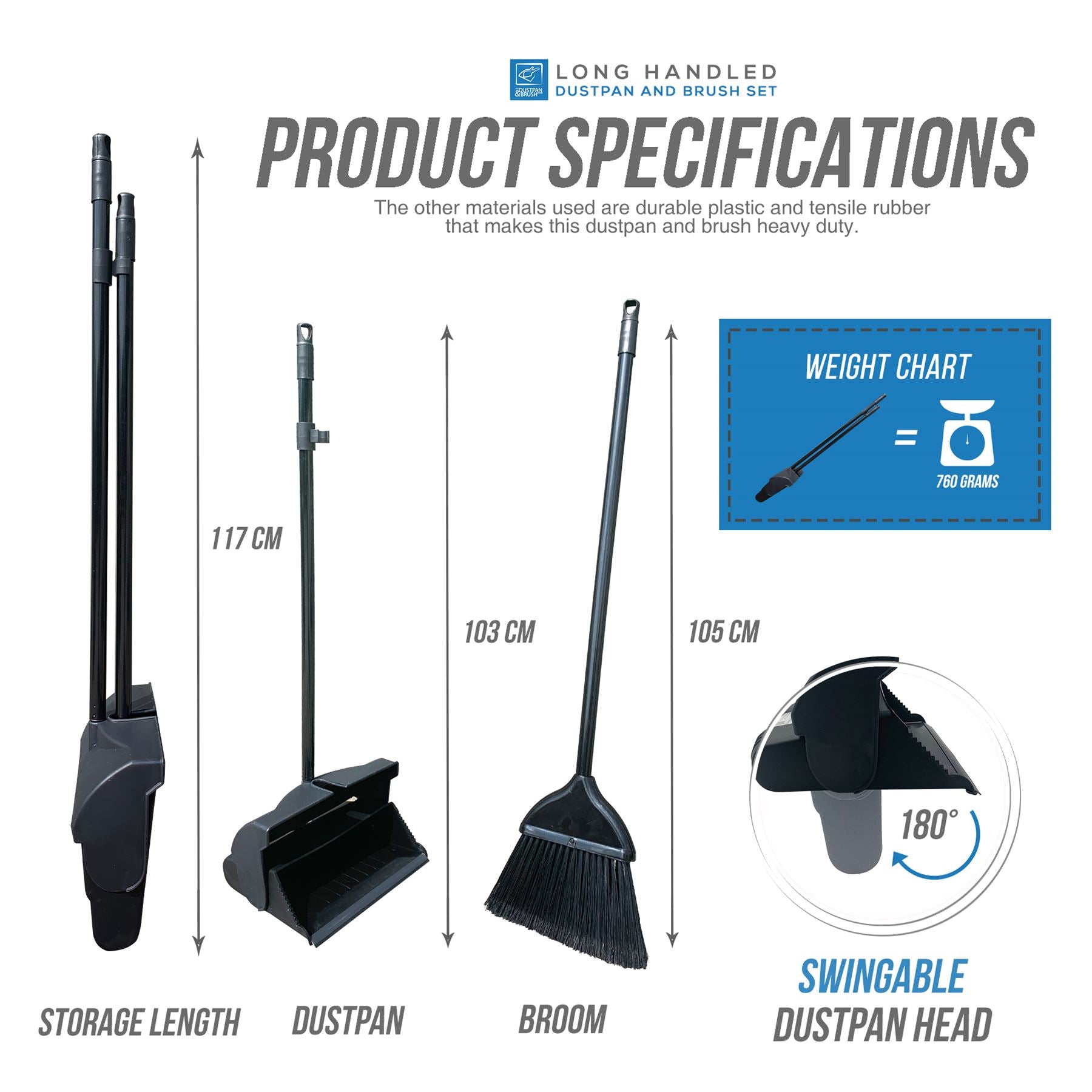 Long Handled Black Dustpan and Brush Set with Strong Metal Handle