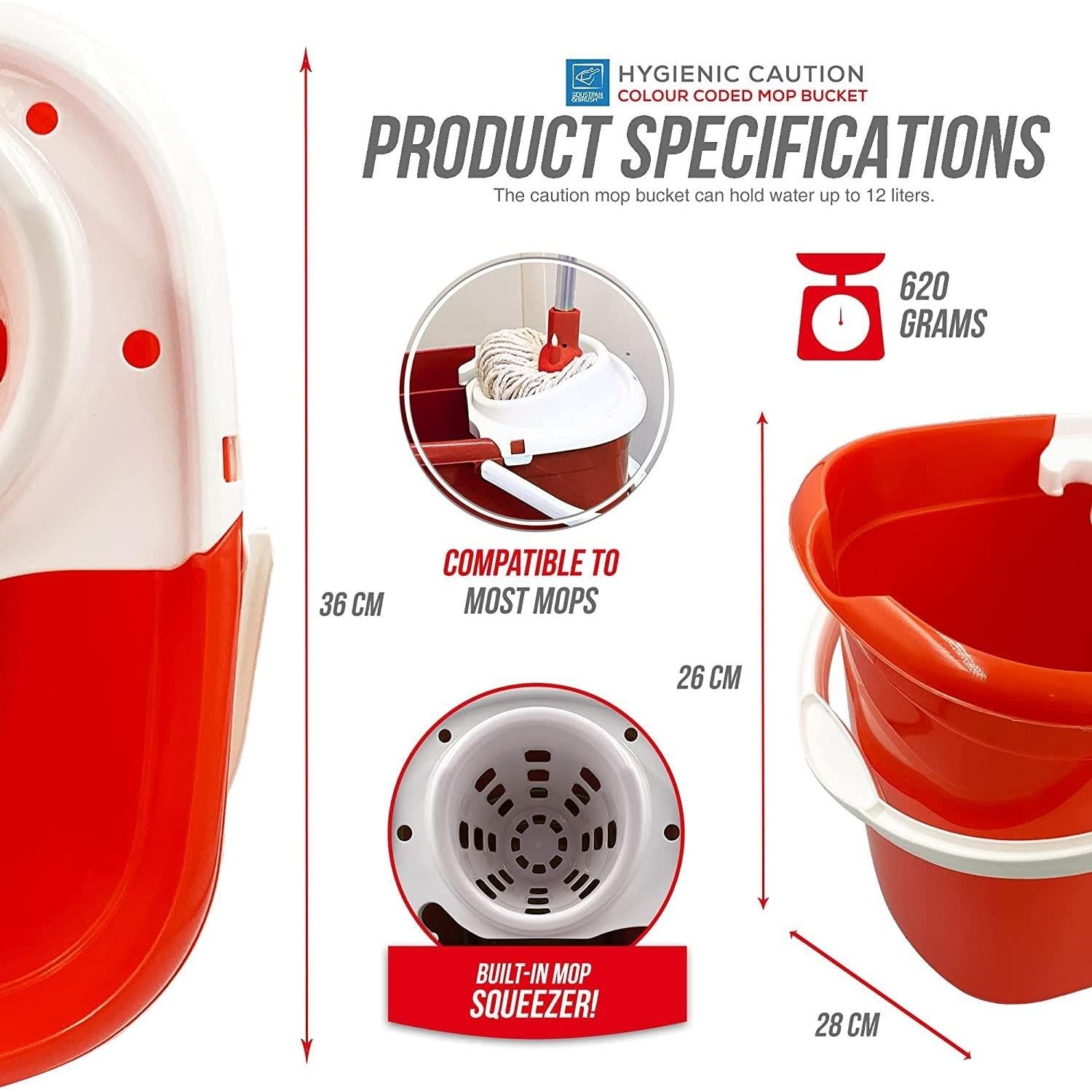 Colour Coded Red/White Caution Warning Mop Bucket