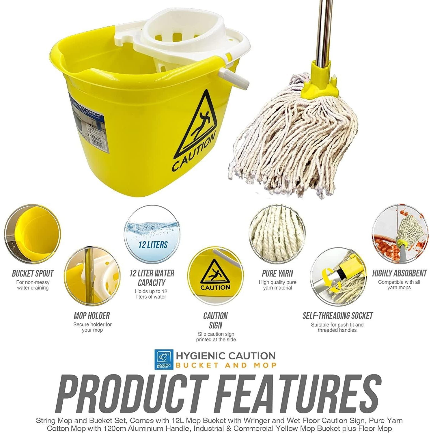 Colour Coded Yellow/White Caution Warning Mop Bucket & Mop