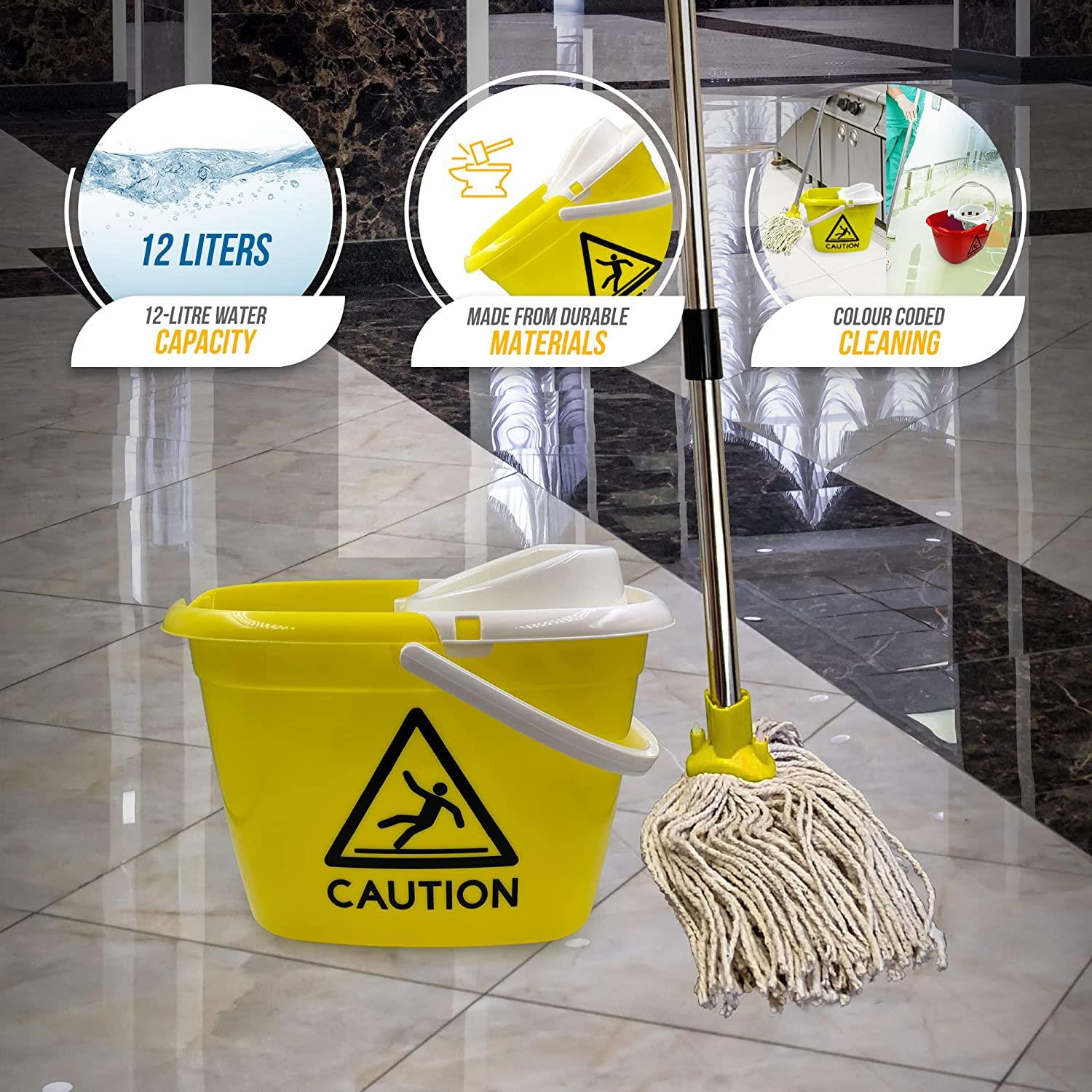 Colour Coded Yellow/White Caution Warning Mop Bucket & Mop