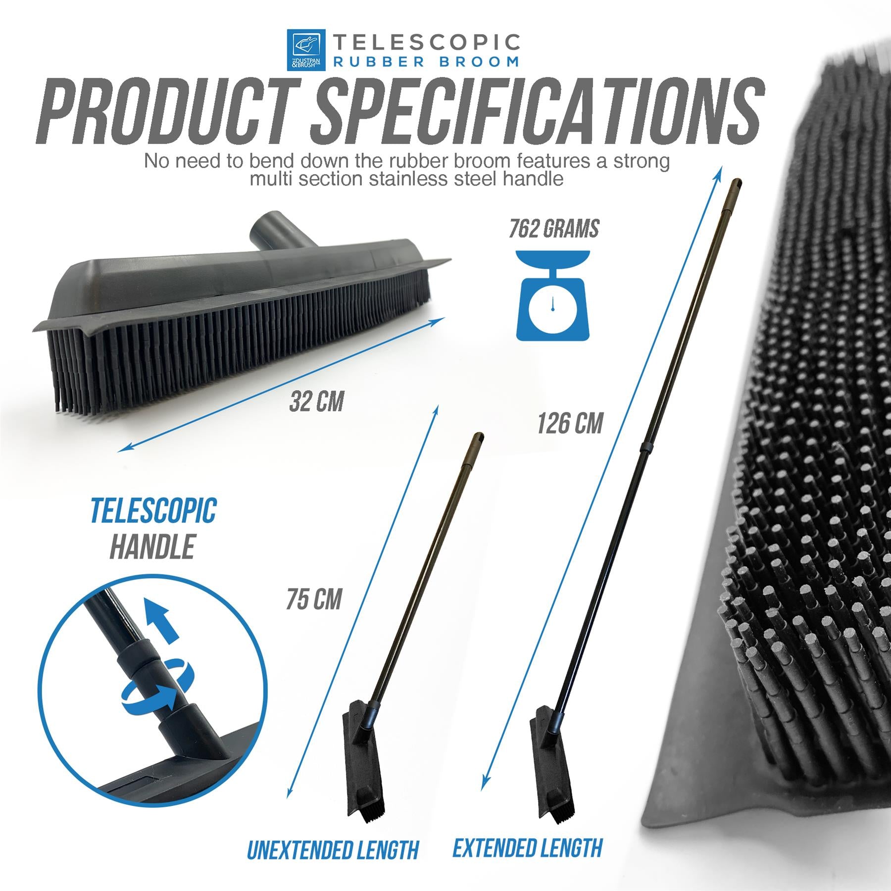 Rubber Broom Indoor Rubber Bristle Soft Sweeping Brush with Extending Handle - The Dustpan and Brush Store