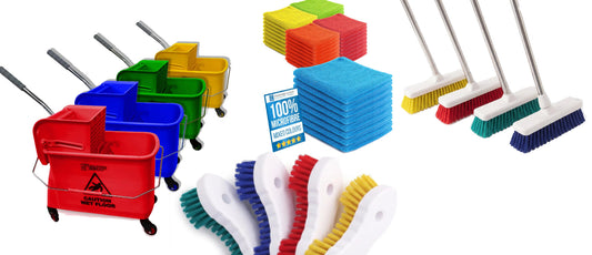 A collage of colour coded cleaning products on a white background 