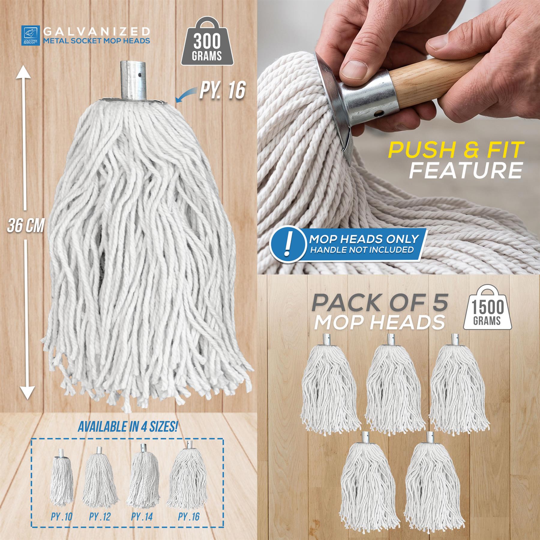 Cotton Mop with Galvanised Socket Fitting - 16 PY - Pack of 5