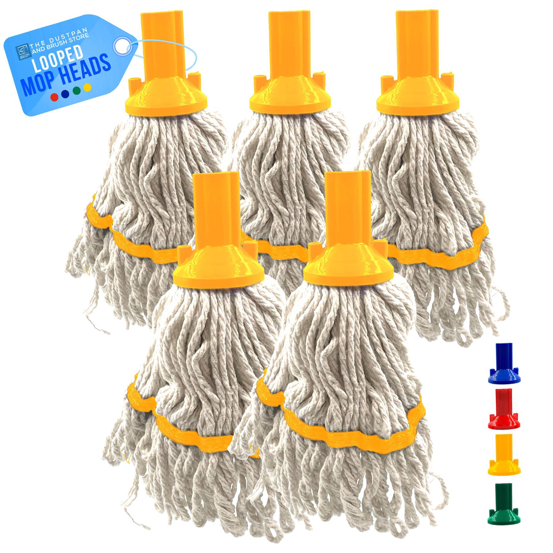 Set of 5 looped mop heads with yellow plastic caps on a white background