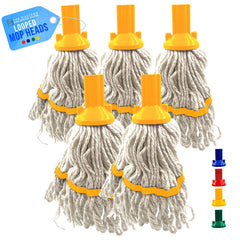 Set of 5 looped mop heads with yellow plastic caps on a white background