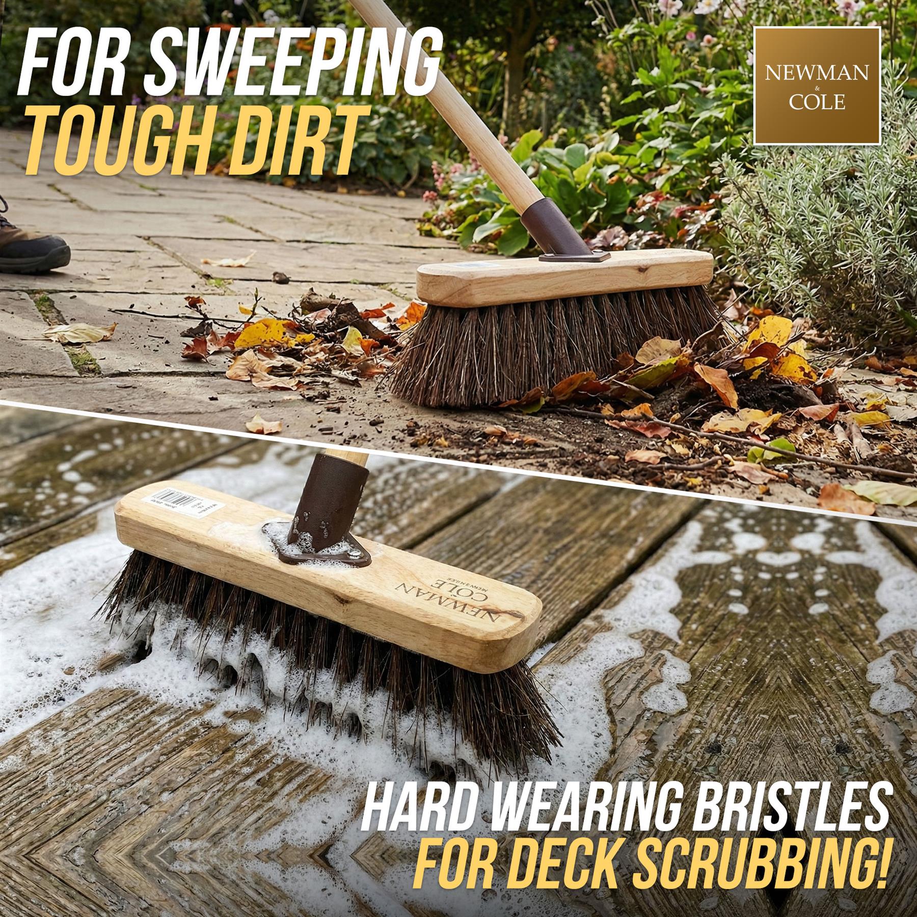 Newman and Cole stiff bassine broom being used to sweep leaves and scrub a wooden deck.