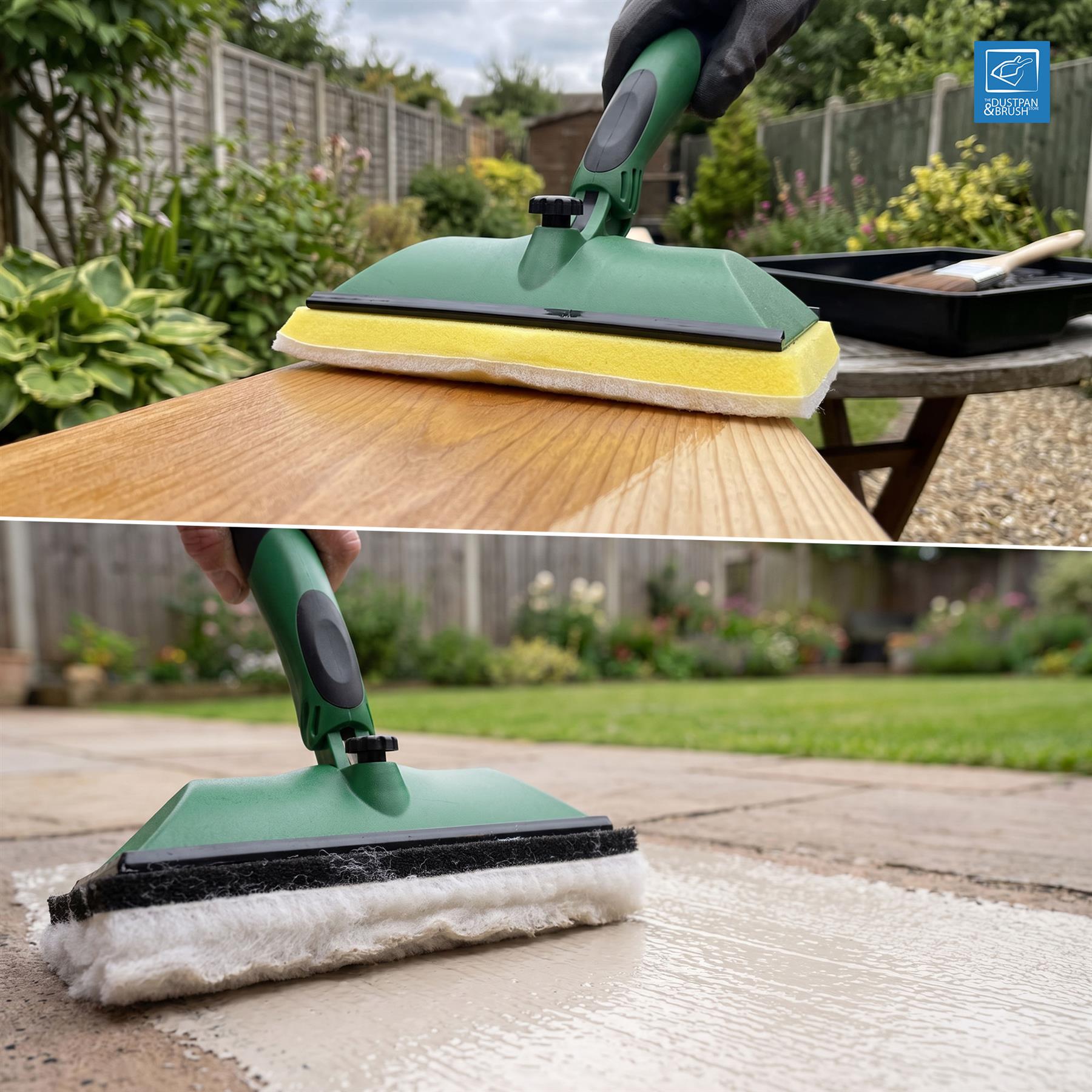 A split-screen demonstration of a green and yellow wet floor scraper. The top panel shows the scraper being used on a wooden floor in a backyard, and the bottom panel shows it being used to clean wet patio stone pavers.