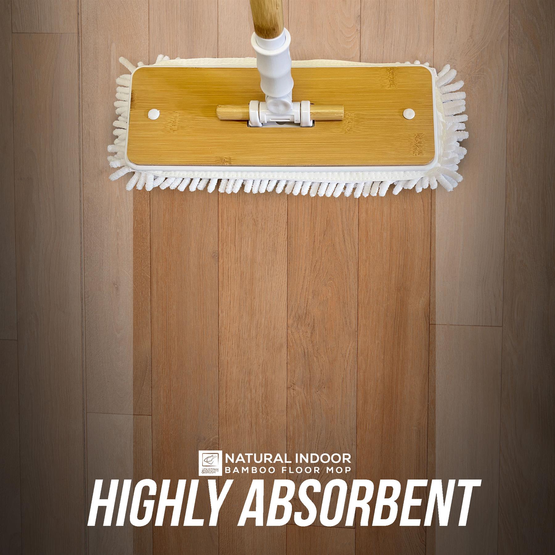 Bamboo floor mop cleaning a wooden floor with 'Highly Absorbent' text.