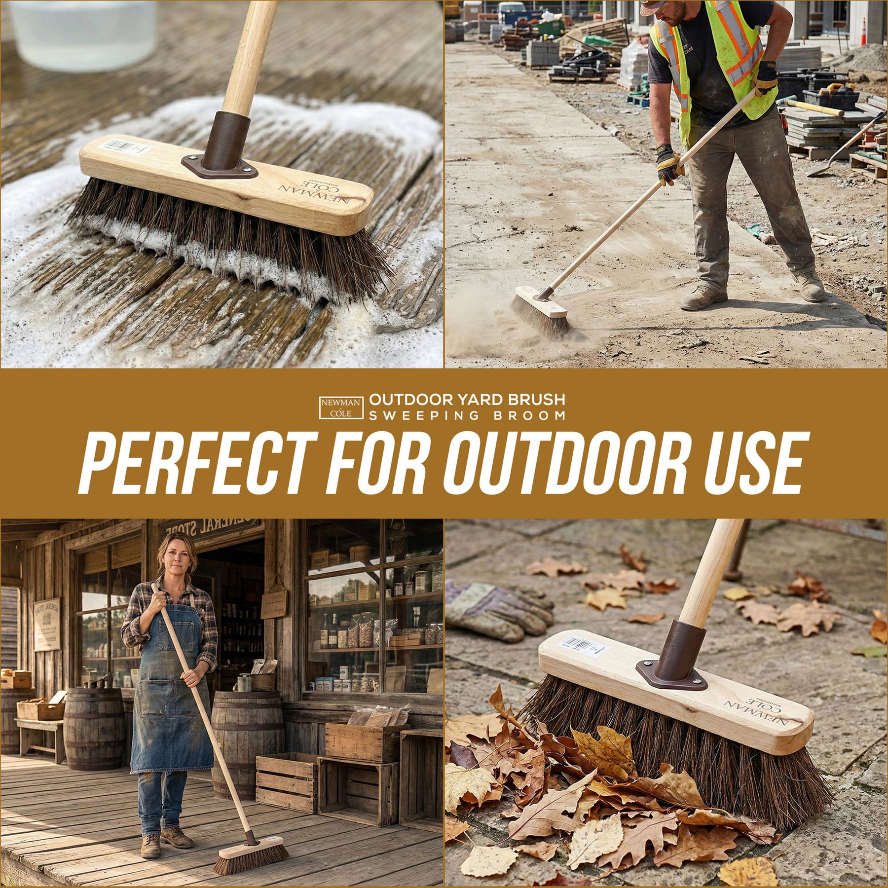 Outdoor yard sweeping broom shown in a four-panel collage with a worker sweeping concrete, a woman sweeping a wooden deck, and the broom clearing fallen leaves. Large text across the center reads 'PERFECT FOR OUTDOOR USE'