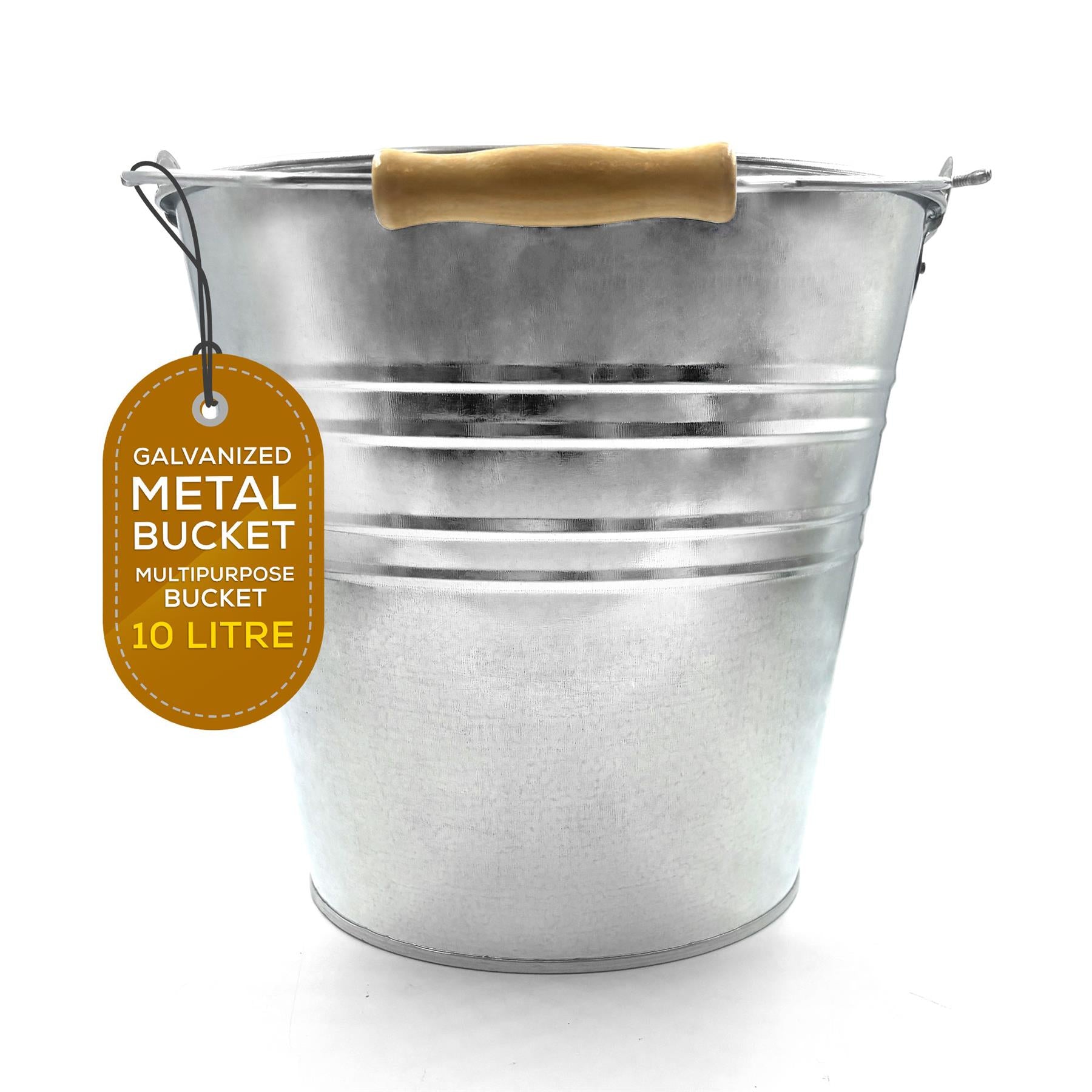 10 Litre Galvanised Steel Metal Bucket with Wooden Handle