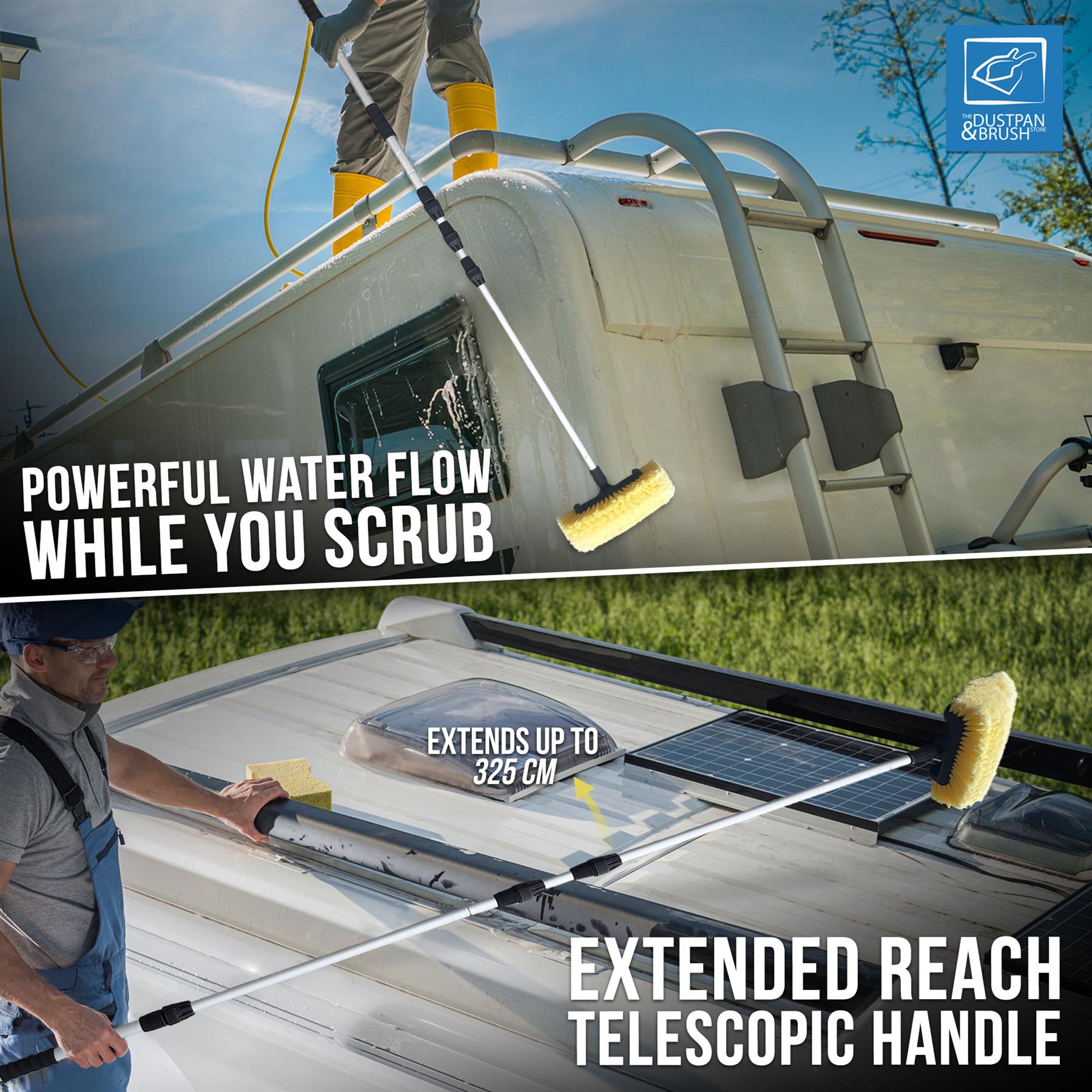 Schroder & Brush telescopic roof scrubber shown in use on a white RV, with a split-screen design showing extended reach and powerful water flow while scrubbing. Features a Schroder & Brush logo in the top right corner.