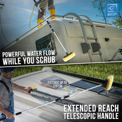 Schroder & Brush telescopic roof scrubber shown in use on a white RV, with a split-screen design showing extended reach and powerful water flow while scrubbing. Features a Schroder & Brush logo in the top right corner.