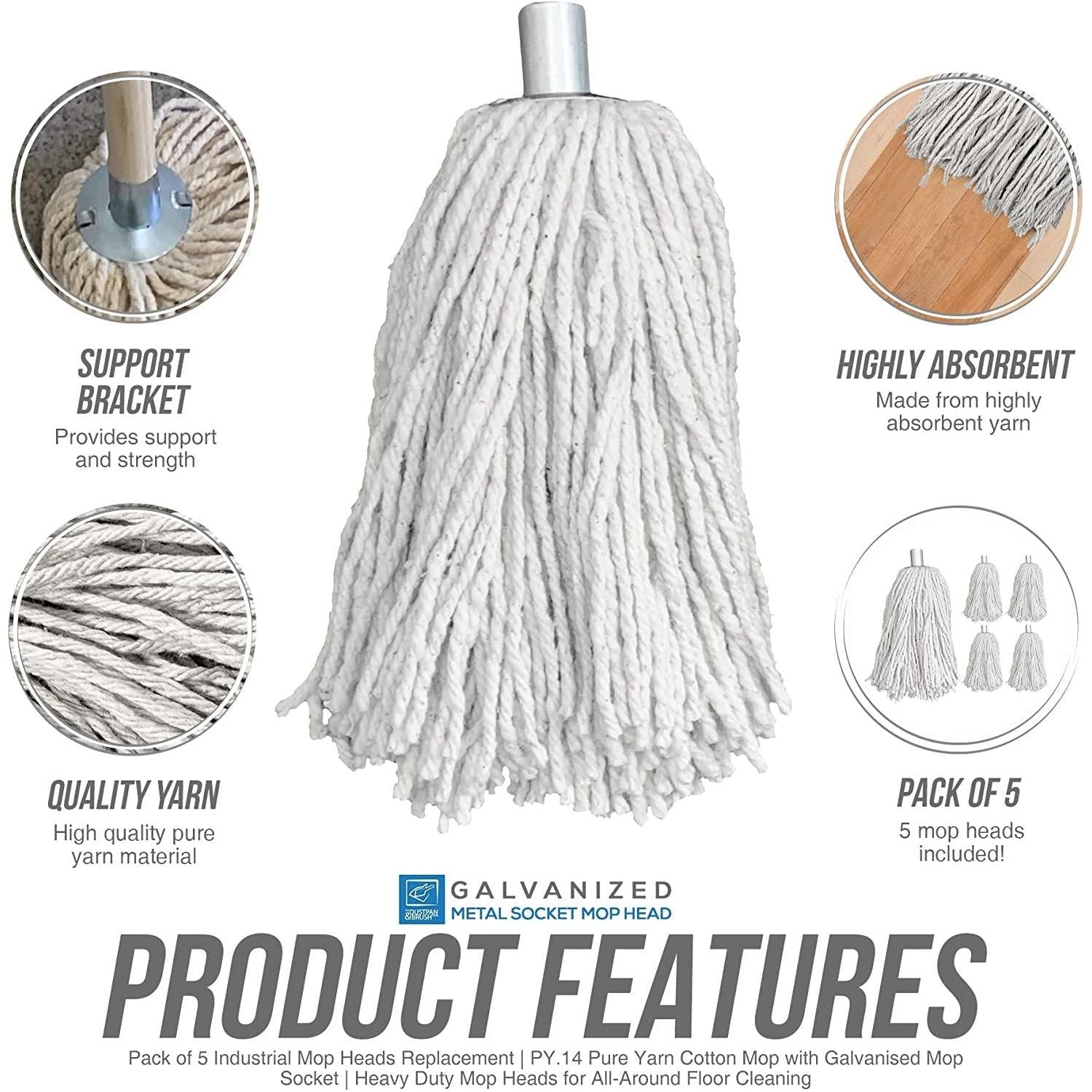 Cotton Mop with Galvanised Socket Fitting - 14 PY - Pack of 5