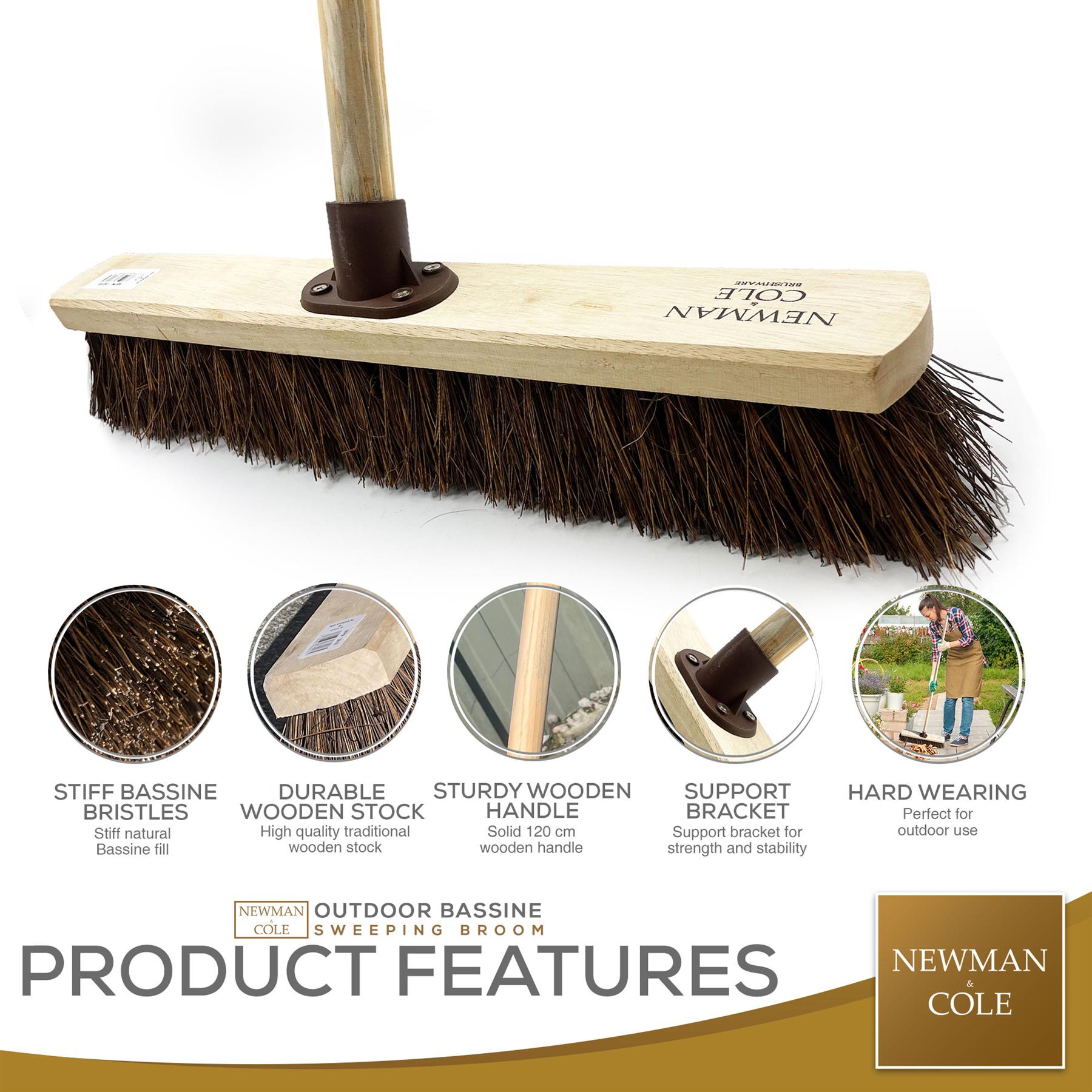 18" Newman & Cole Bassine Broom with Handle | Heavy Duty Outdoor Brush - The Dustpan and Brush Store
