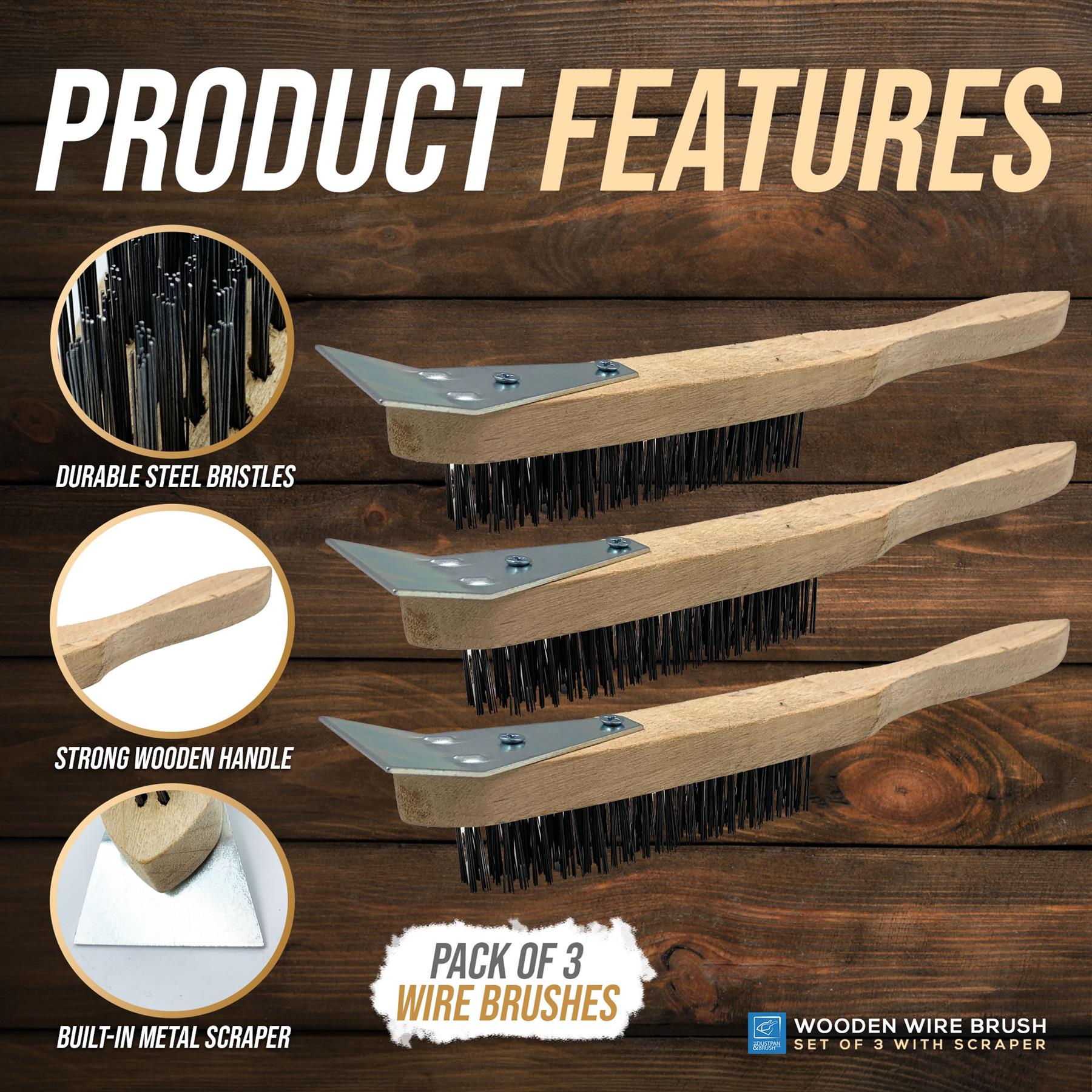 Three wooden wire brushes with metal scrapers are displayed on a dark wood background under the heading 'PRODUCT FEATURES'. Circular inset images highlight durable steel bristles, a strong wooden handle, and a built-in metal scraper.