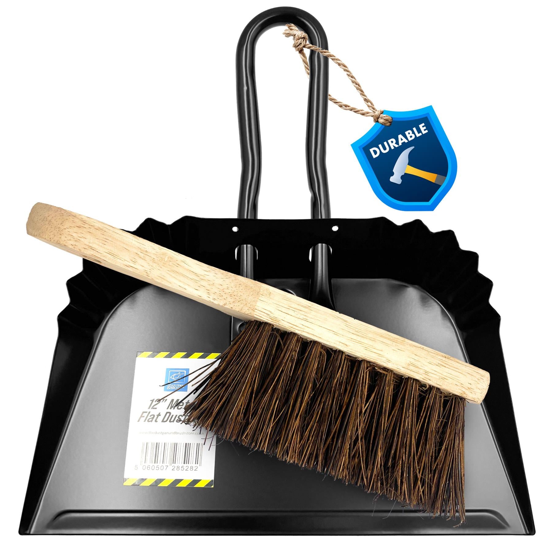 12" Metal Iron Flat Dustpan with Stiff Hand Brush