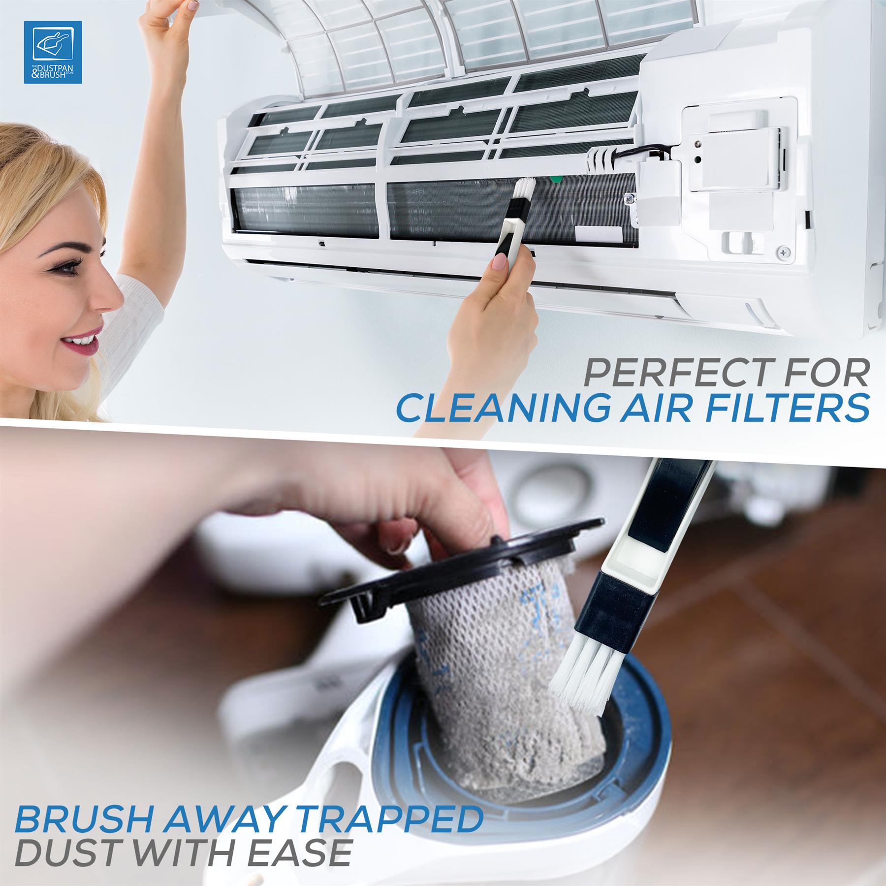 Woman cleaning an air filter with a brush, with text indicating the product's use for cleaning air filters.