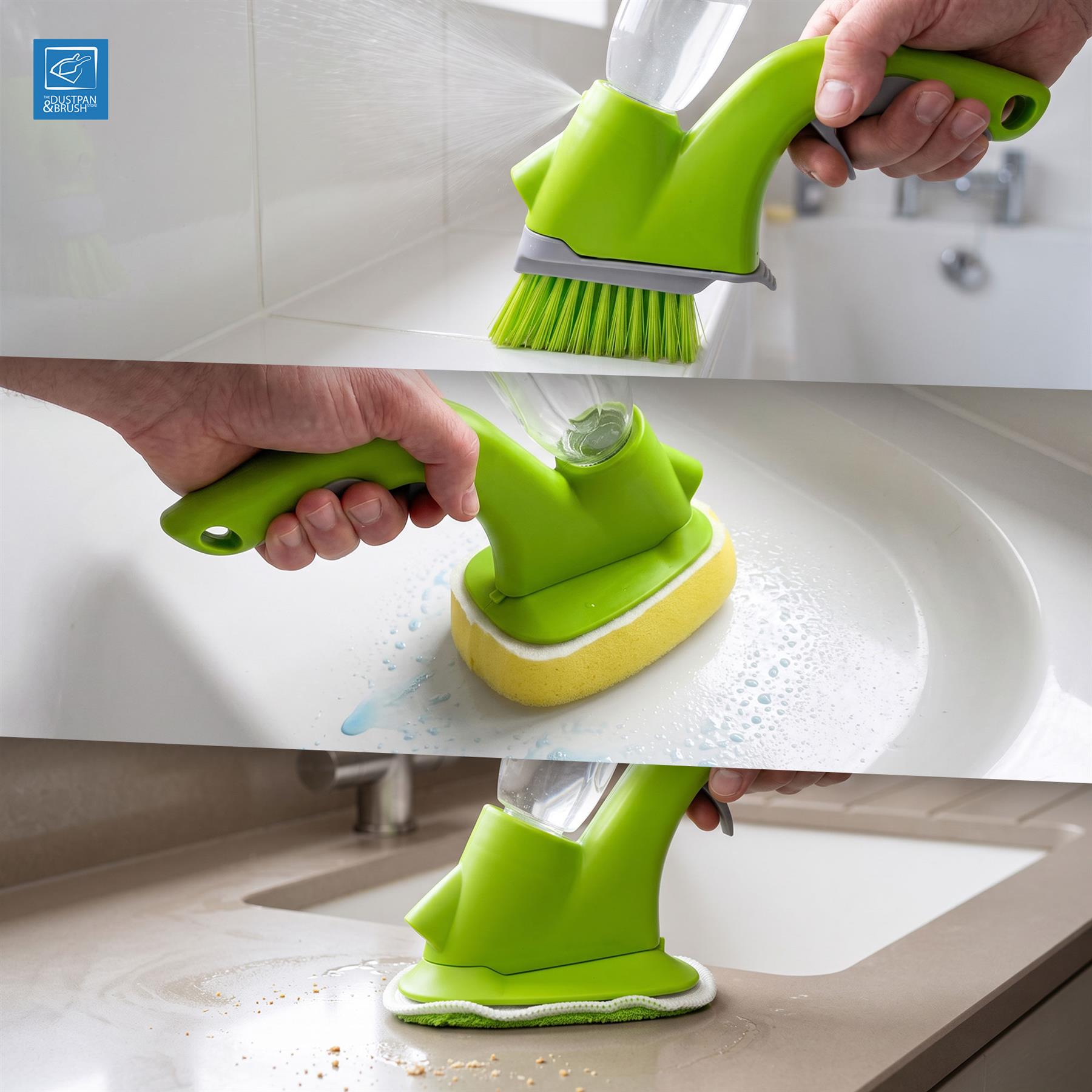 Three-panel demonstration of the 4 in 1 grout and tile spray cleaning brush being used in a sink. The top panel shows the brush cleaning a glass bottle, the middle panel shows it scrubbing a soapy sink surface, and the bottom panel shows it wiping a countertop.