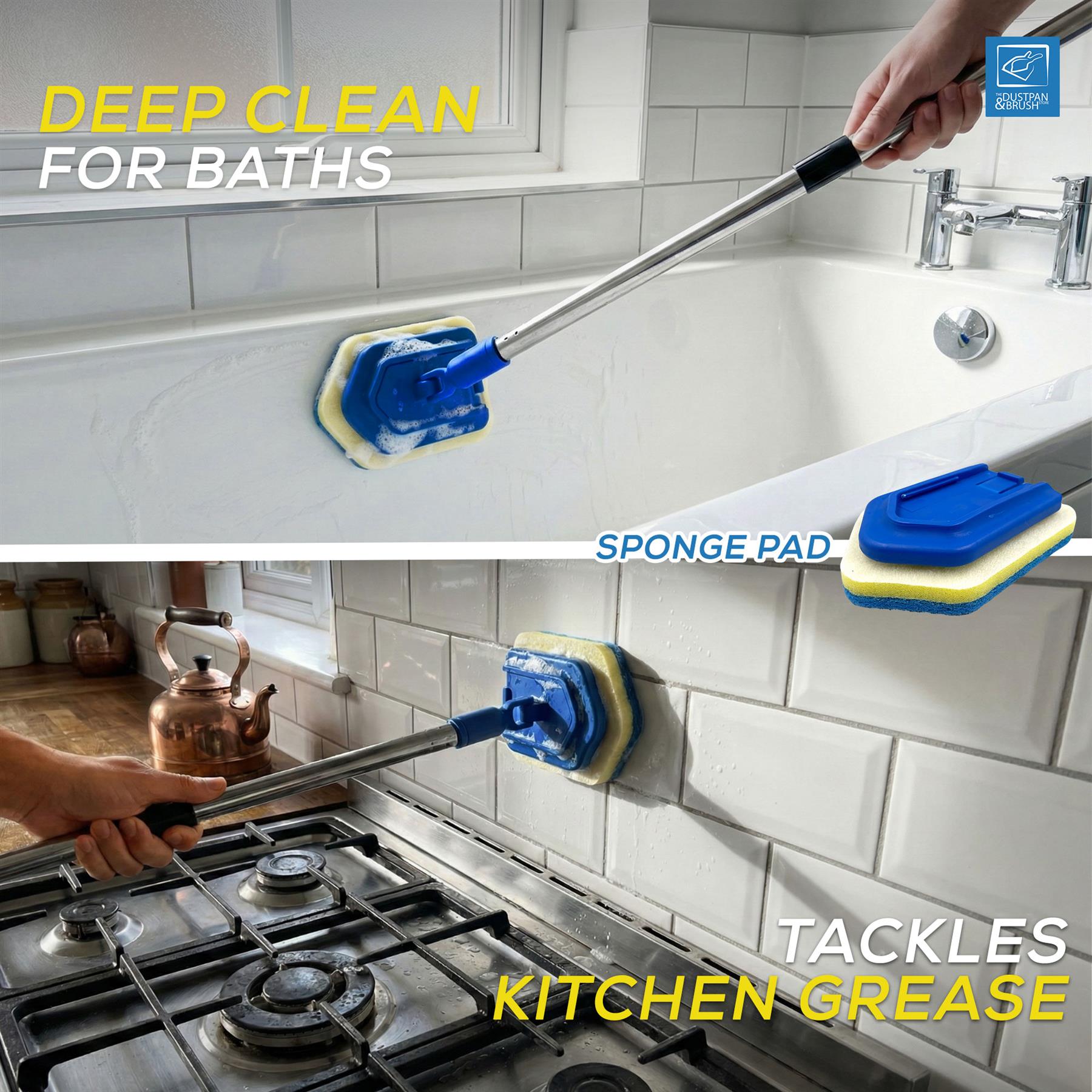 Cleaning tool with sponge pad cleaning a bathtub and stove in a kitchen.