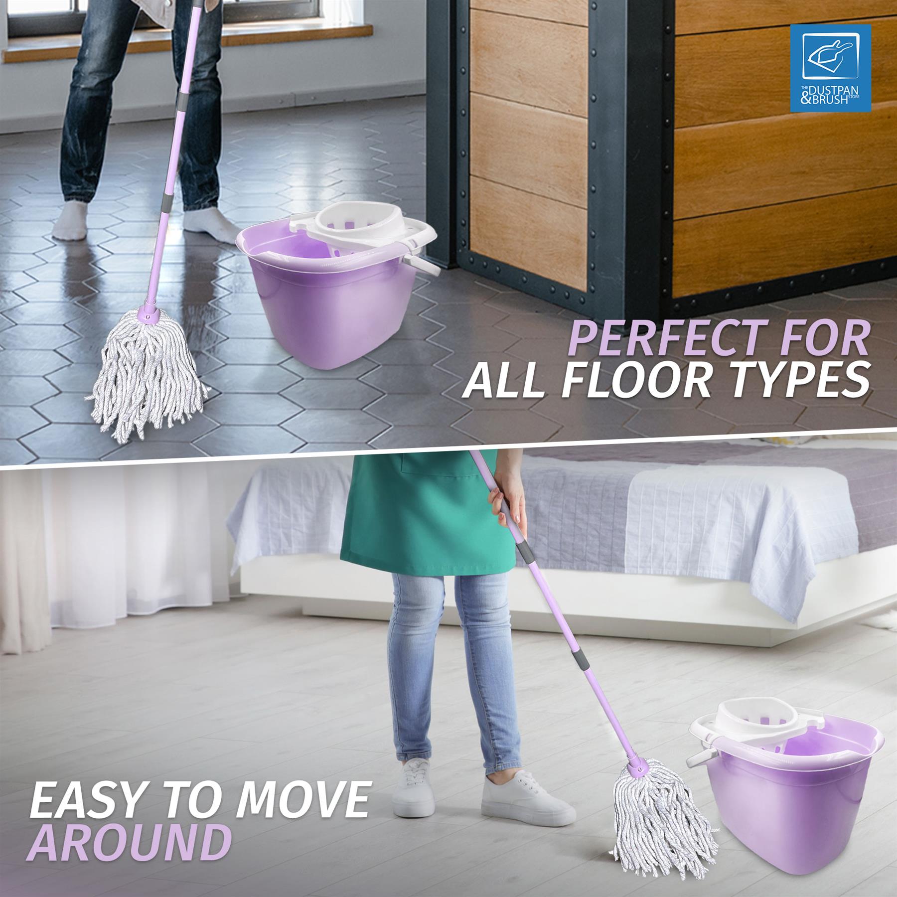 A split-panel promotional image showing a Lilac spinny mop bucket set being used to mop a tiled floor and a bed. Text overlays read 'PERFECT FOR ALL FLOOR TYPES' and 'EASY TO MOVE AROUND'.