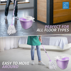 A split-panel promotional image showing a Lilac spinny mop bucket set being used to mop a tiled floor and a bed. Text overlays read 'PERFECT FOR ALL FLOOR TYPES' and 'EASY TO MOVE AROUND'.