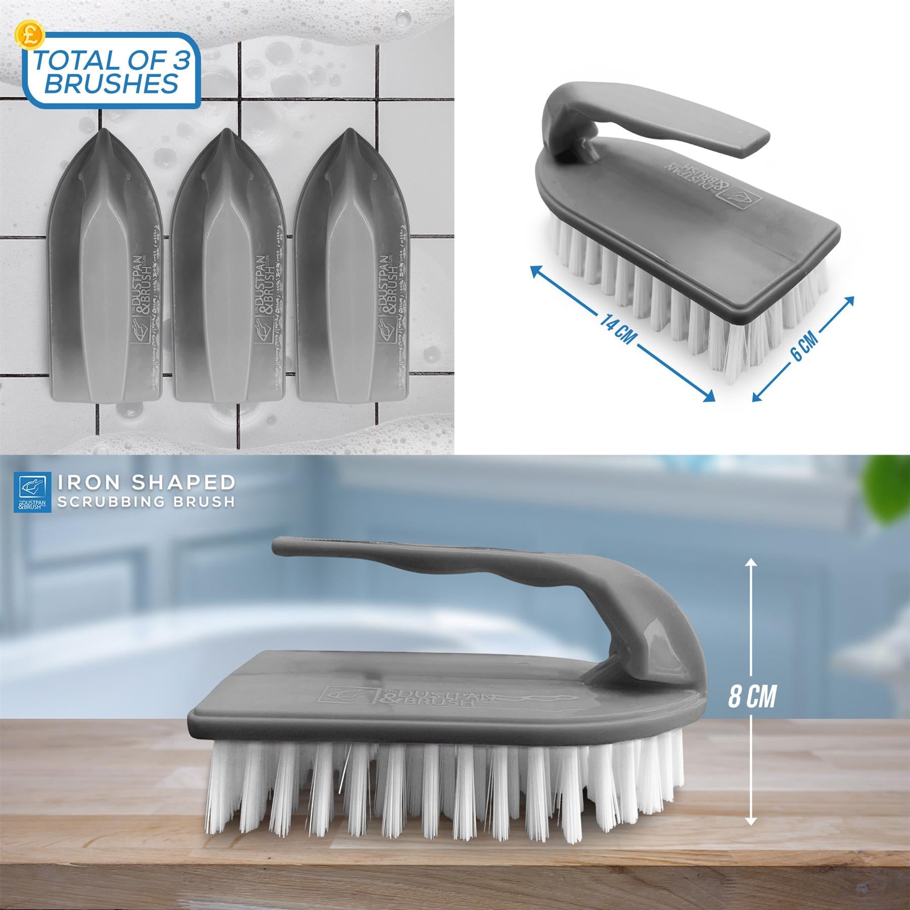 Iron-shaped scrubbing brush with measurements and additional brushes on a tiled wall background