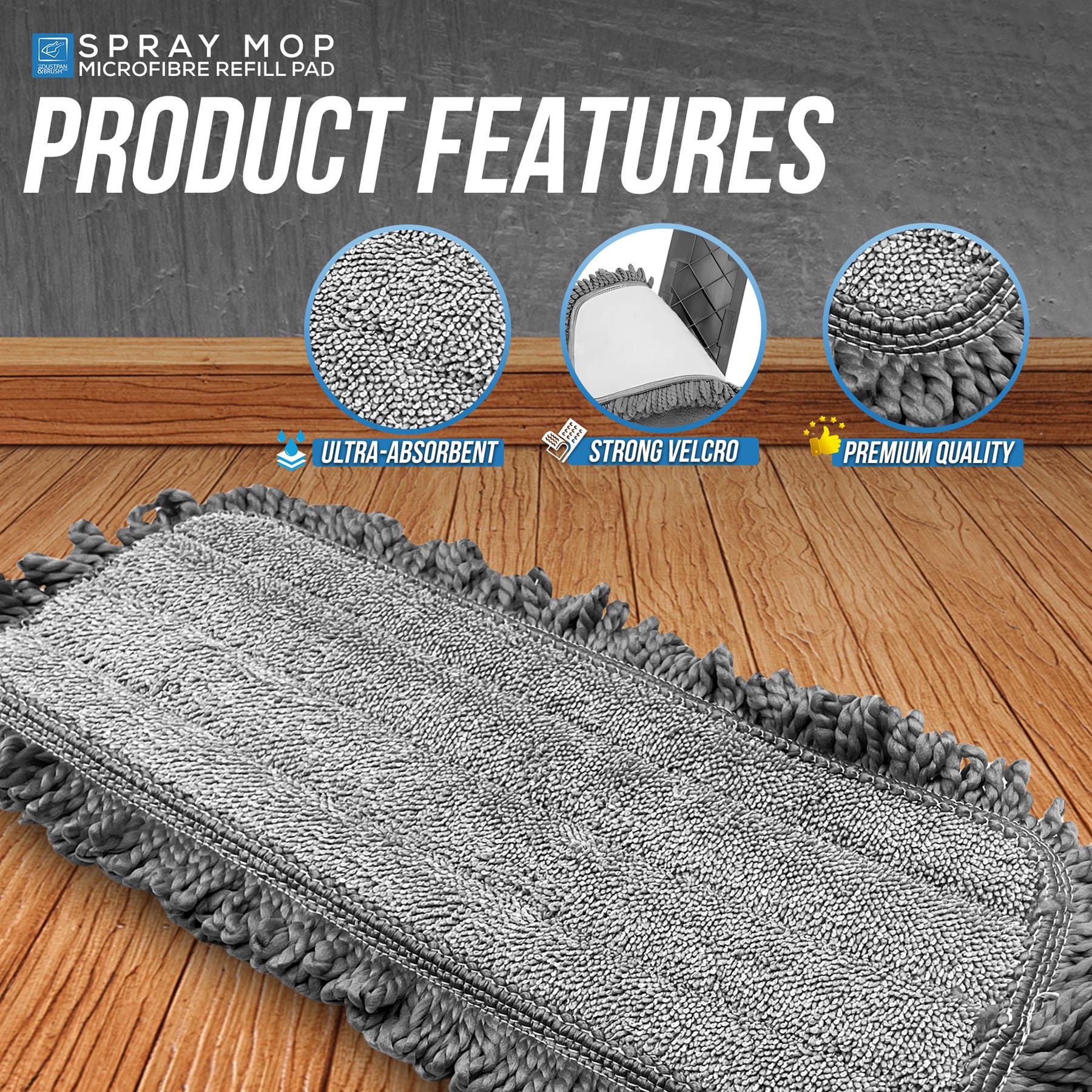 Spray Mop replacement pad's product features on a wooden floor - ultra absorbent, strong Velcro and premium quality materials 