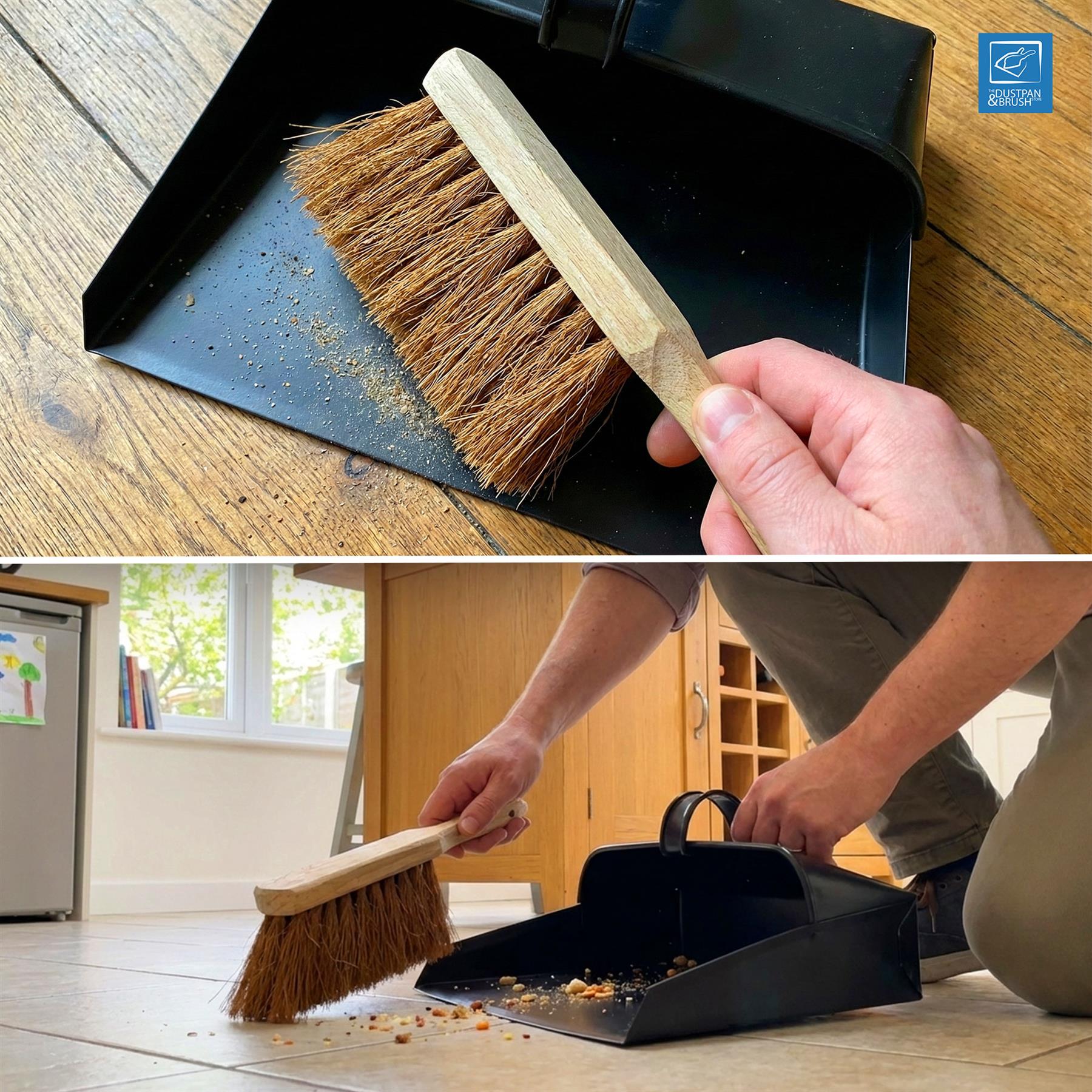 Cleaning set with dustpan and brush on a wooden floor, with a person using it in a room.