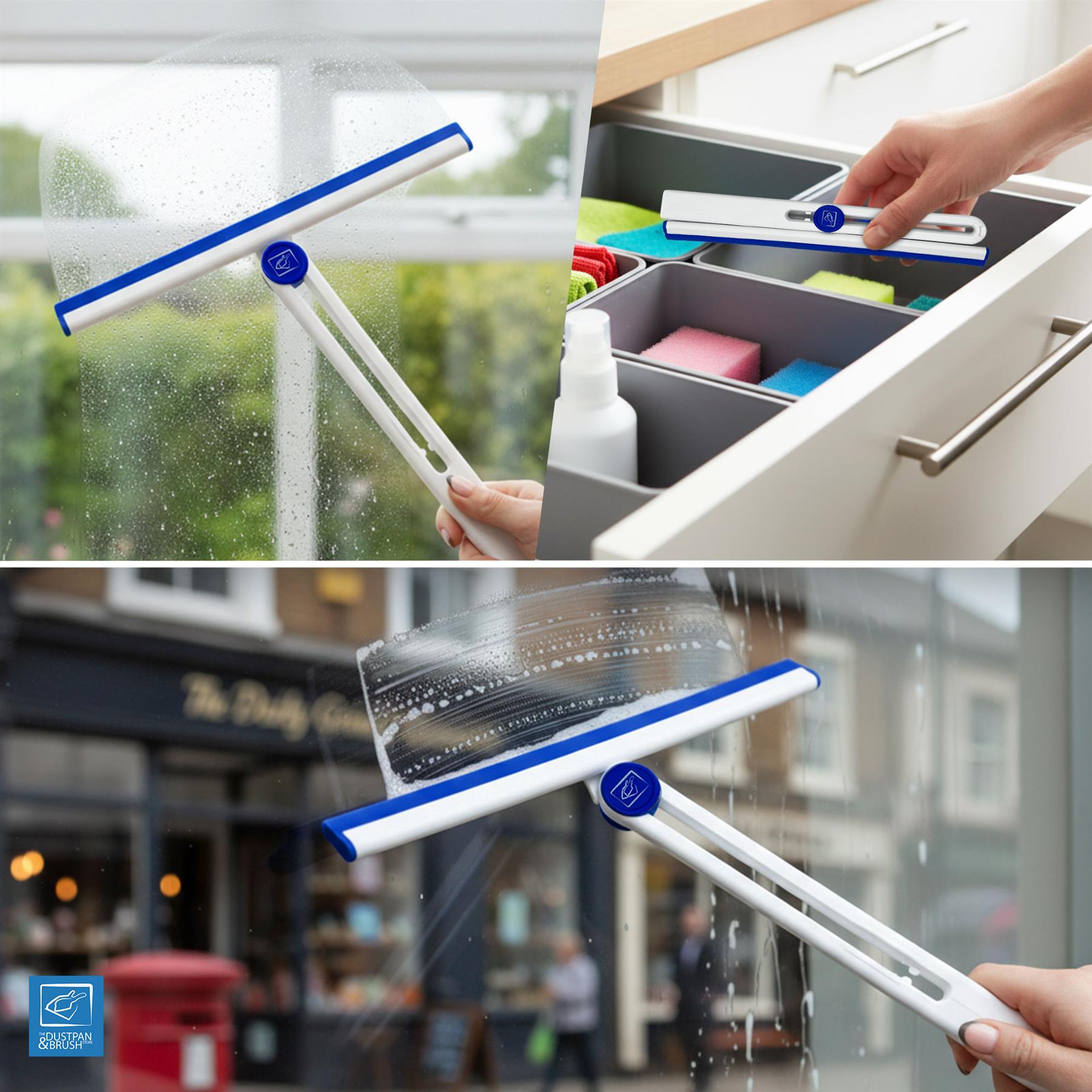 A three-panel collage showing a white and blue squeegee window cleaner in use. The top-left panel shows the squeegee scraping water from a window.