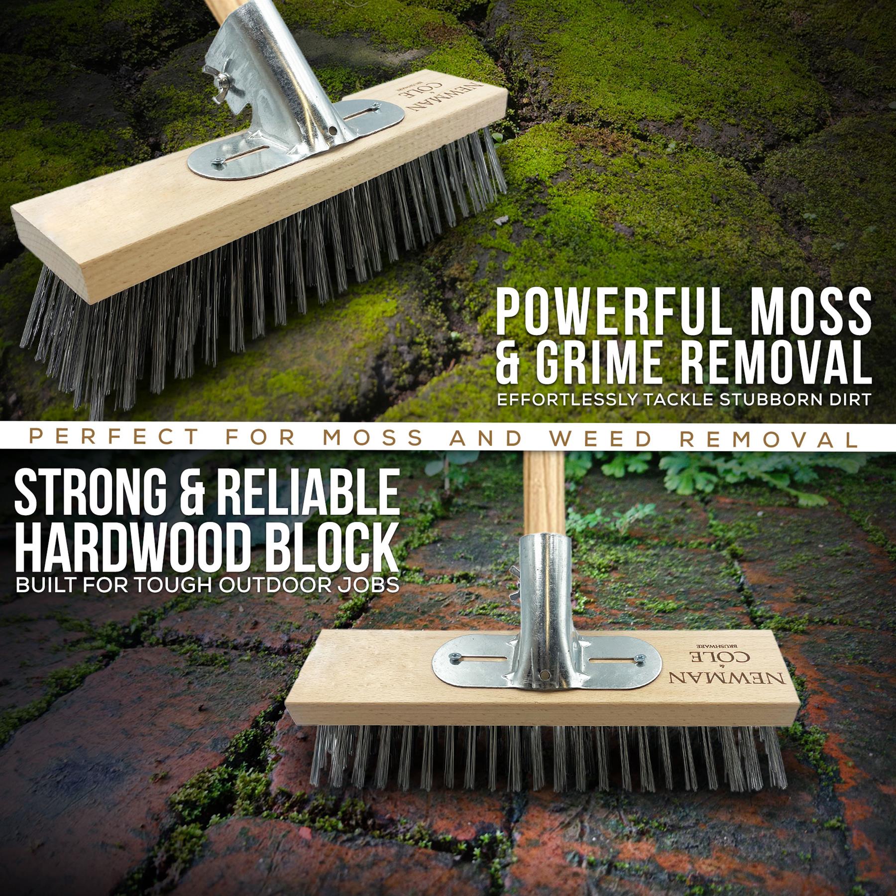 environmental shot of 12" Newman & Cole Wire Broom scraping moss off pavement 