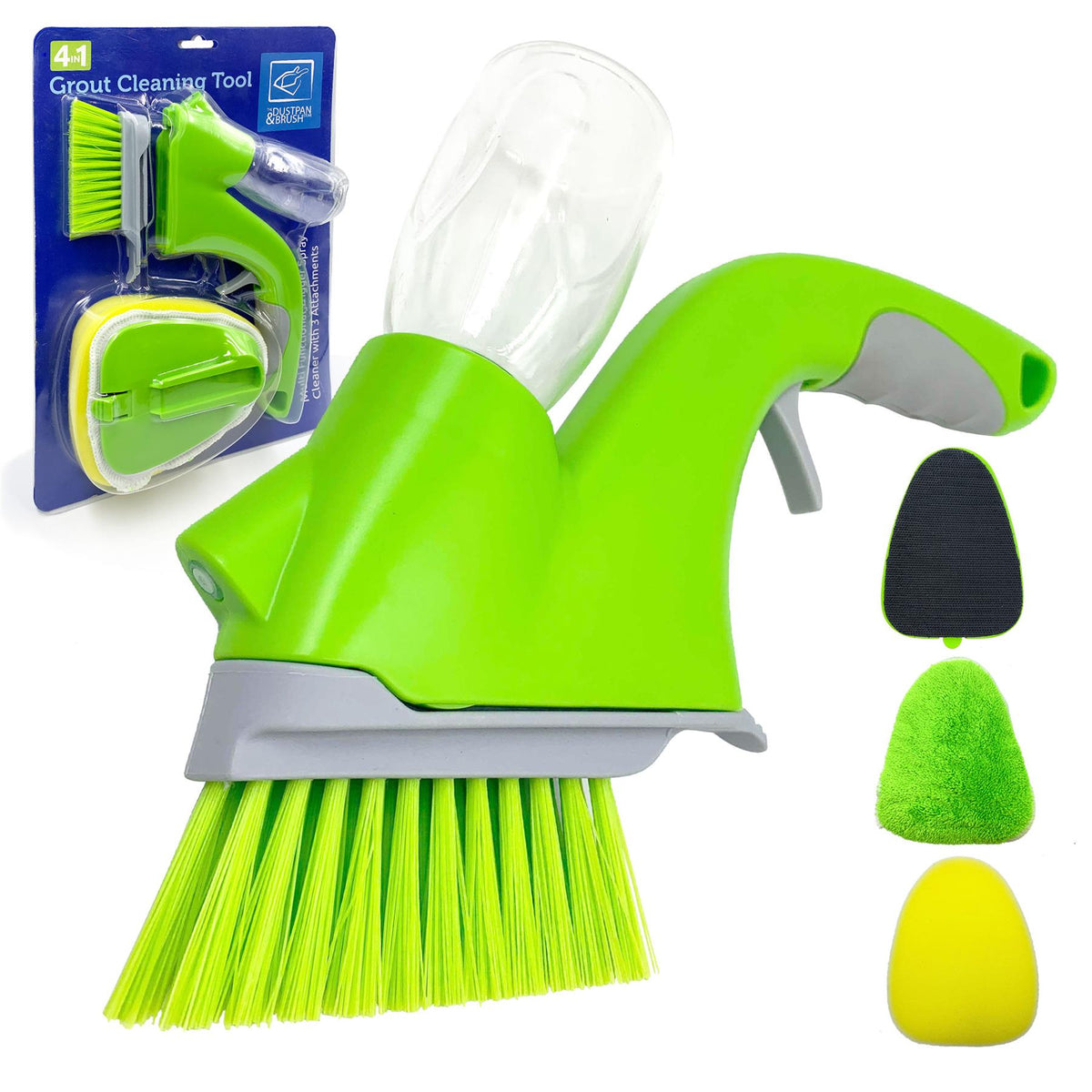 A bright green and gray manual floor grout cleaning brush set with a clear plastic container, shown alongside its blue retail packaging and three interchangeable sponge heads in black, green, and yellow on a white background.