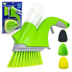 A bright green and gray manual floor grout cleaning brush set with a clear plastic container, shown alongside its blue retail packaging and three interchangeable sponge heads in black, green, and yellow on a white background.
