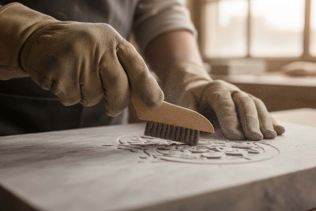 A close-up of a person wearing tan leather gloves carving or scraping a circular design into a light gray stone slab, with a soft-focus workshop background.